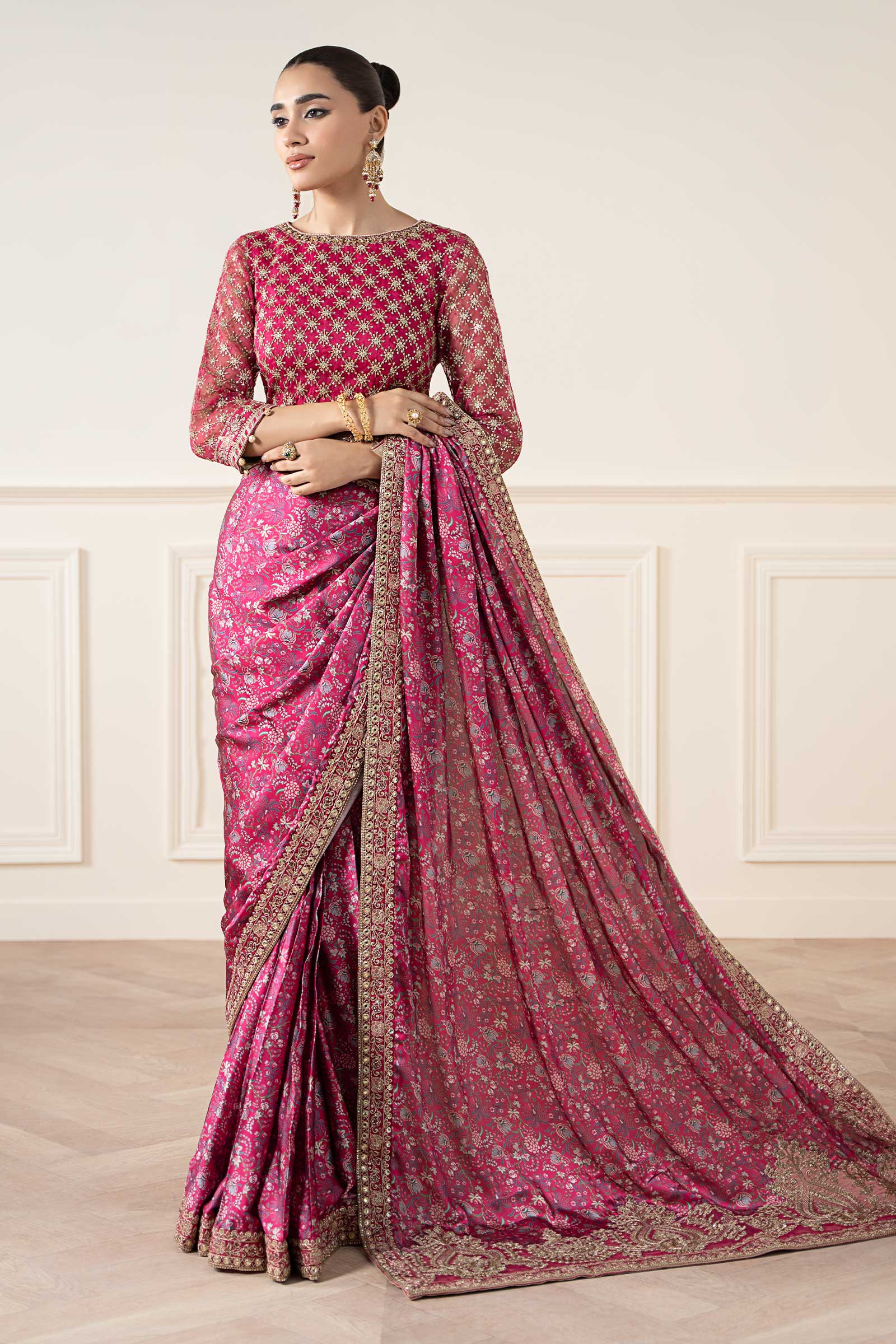 Pink Embroidered Silk Saree with Organza Blouse (3-Piece) - Image 7
