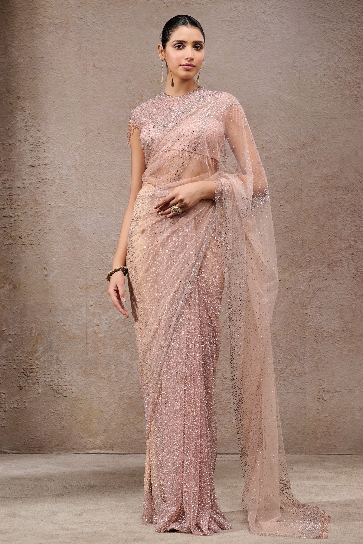 Indian Blush Swarovski Embellished Soft Net Saree (2-Piece) - Image 1