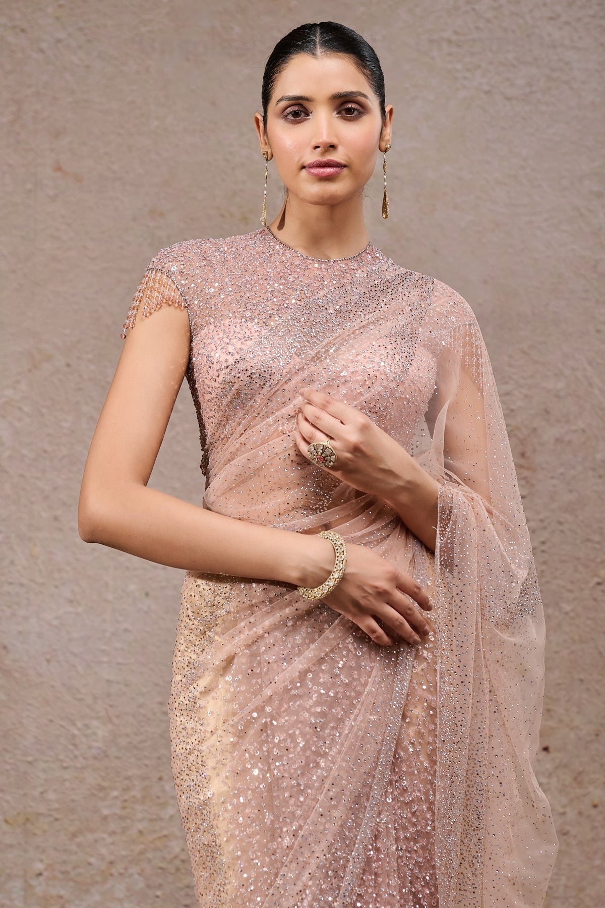 Indian Blush Swarovski Embellished Soft Net Saree (2-Piece) - Image 5