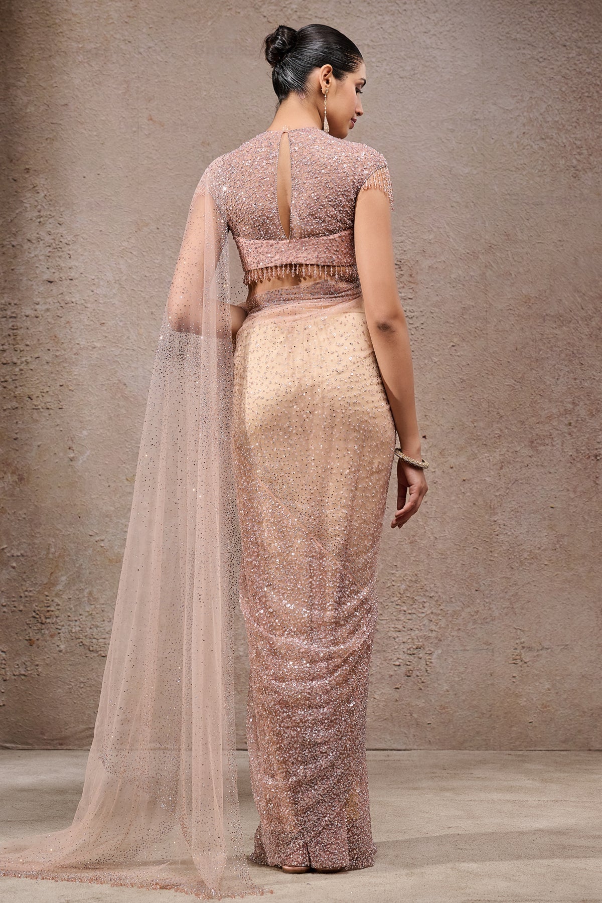 Indian Blush Swarovski Embellished Soft Net Saree (2-Piece) - Image 6