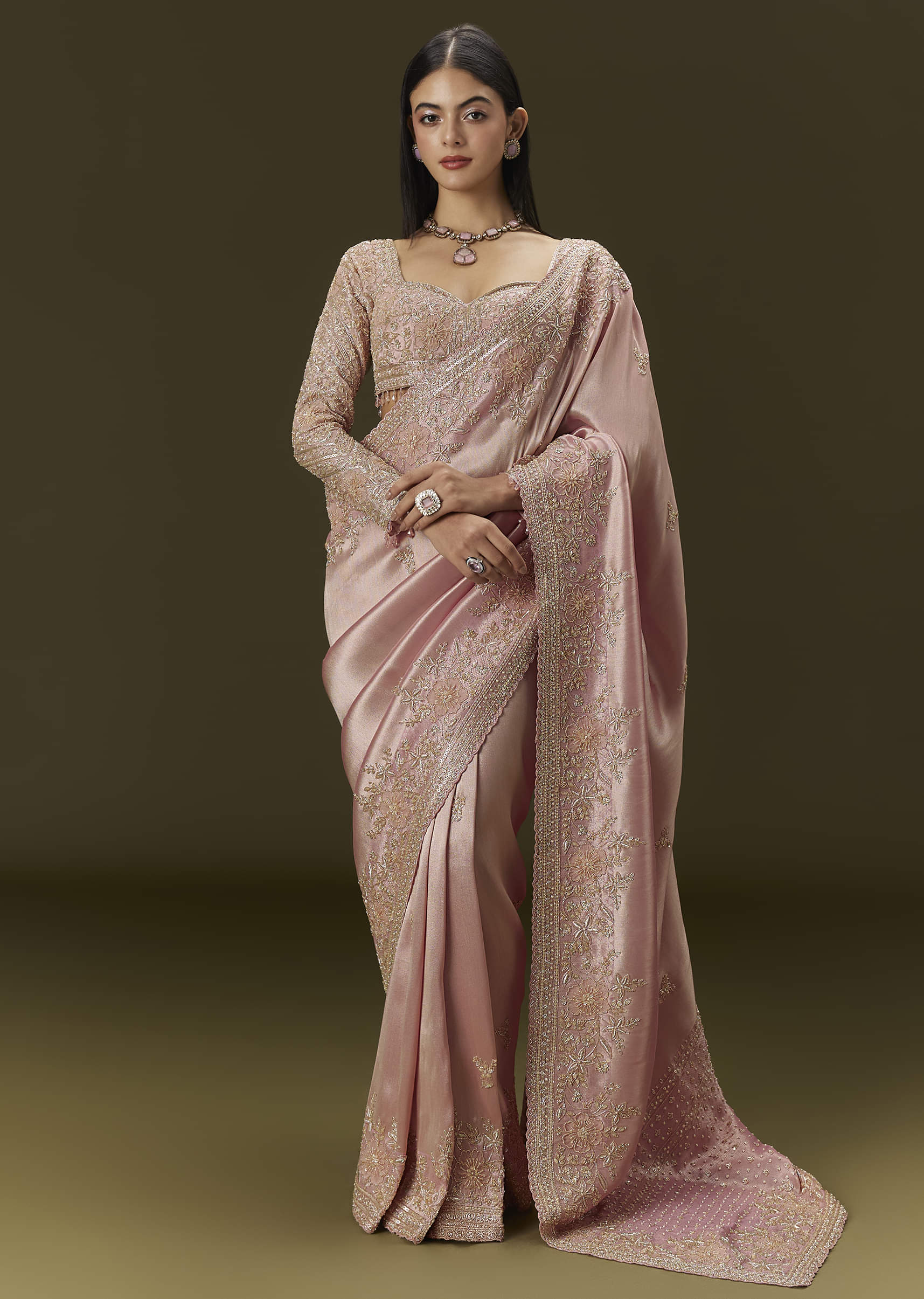 Baby Pink Embroidered Tissue Saree (2-Piece) - Image 1