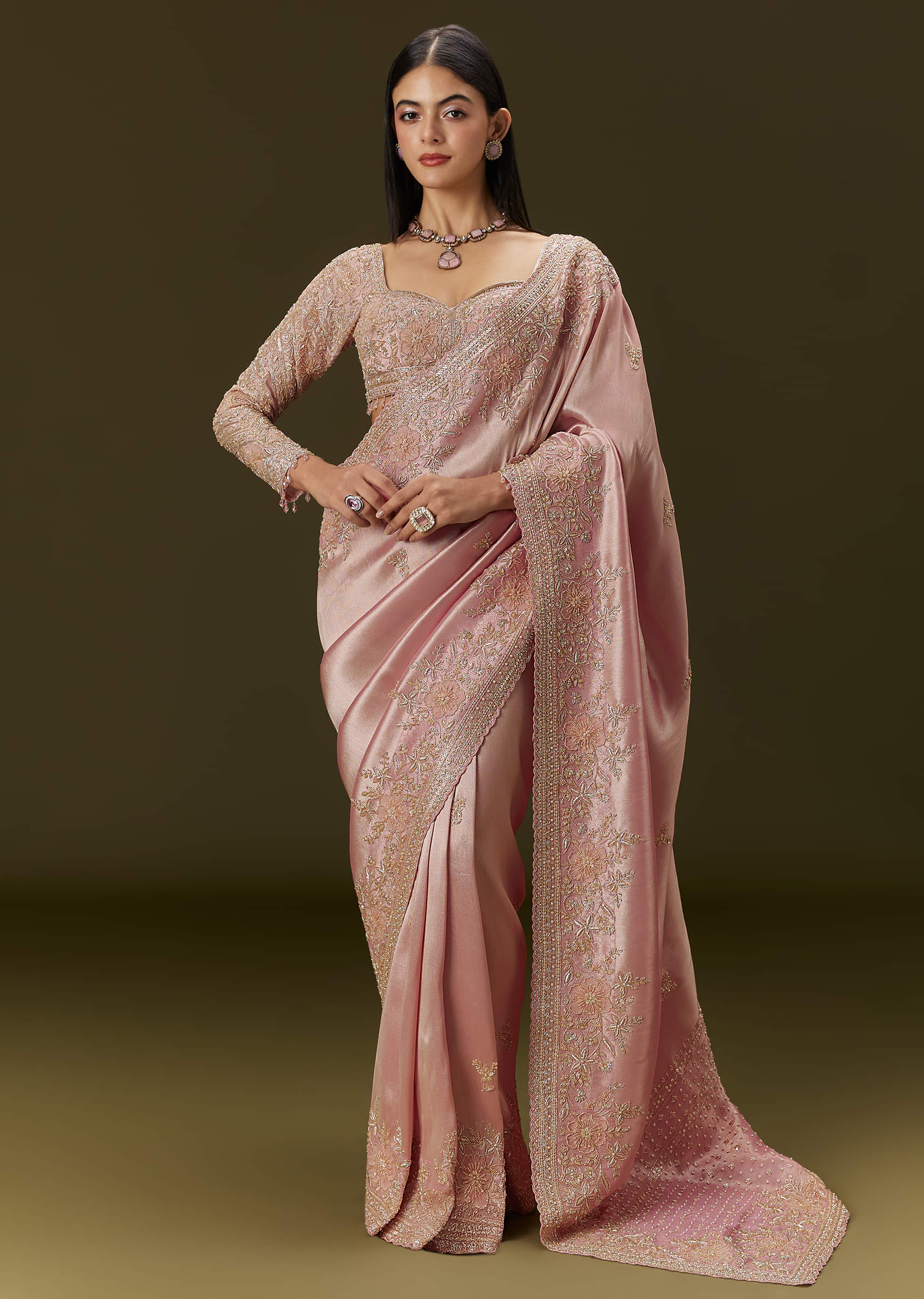 Baby Pink Embroidered Tissue Saree (2-Piece) - Image 2