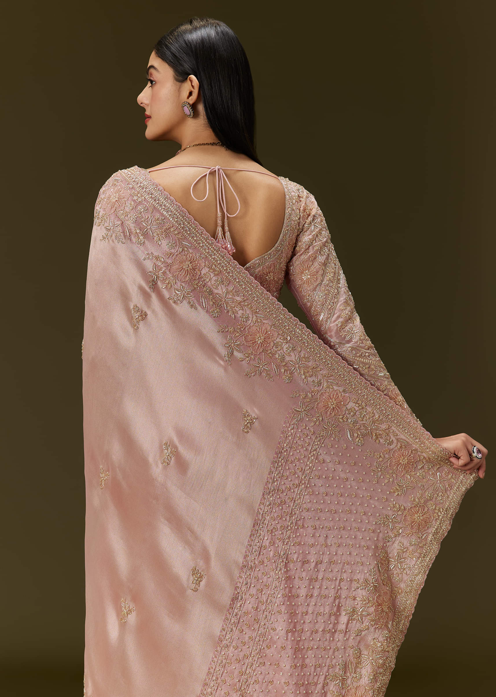 Baby Pink Embroidered Tissue Saree (2-Piece) - Image 3
