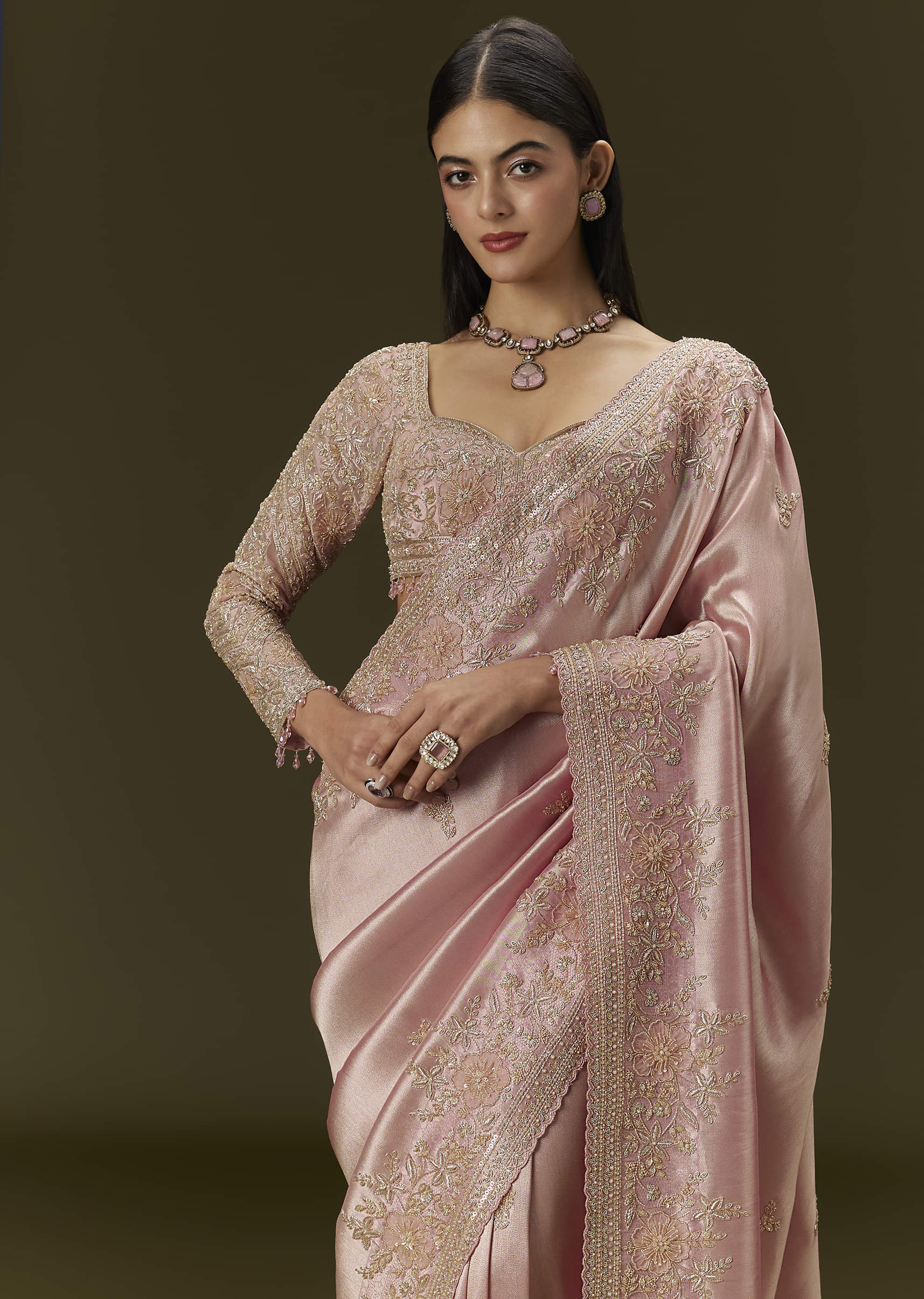 Baby Pink Embroidered Tissue Saree (2-Piece) - Image 4