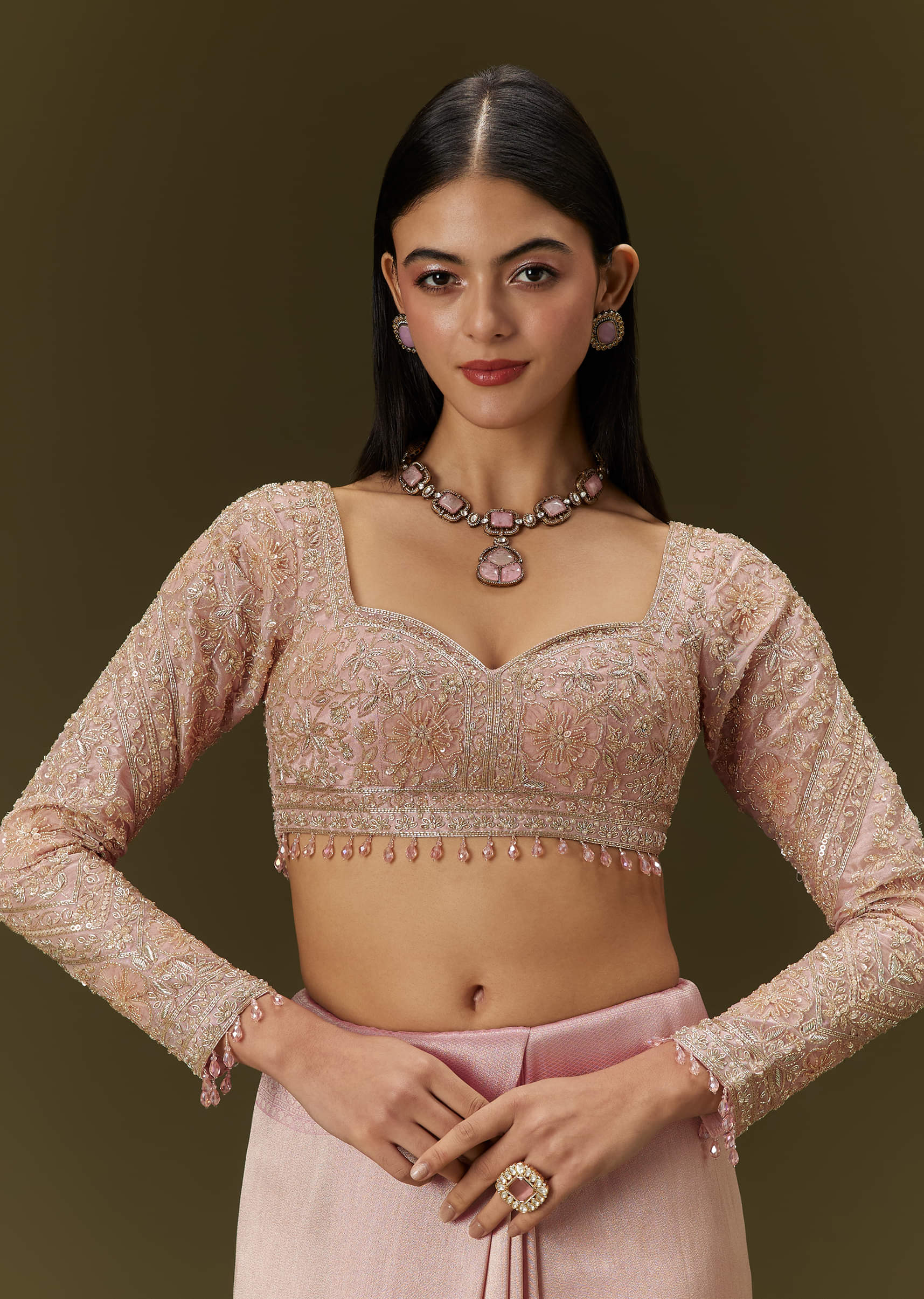 Baby Pink Embroidered Tissue Saree (2-Piece) - Image 6