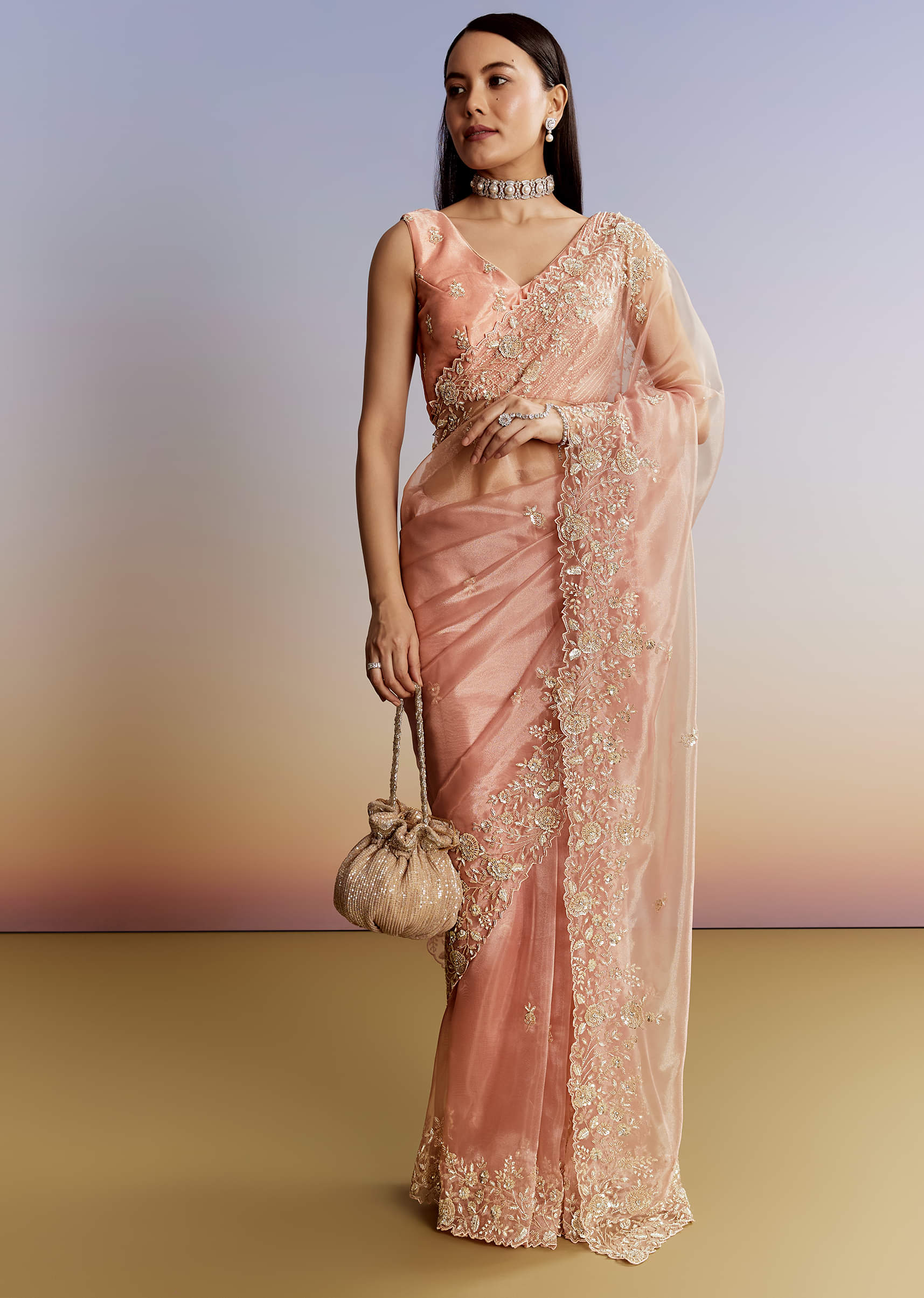 Indian Peach Floral Moti Cutdana Tissue Saree (2-Piece) - Image 1