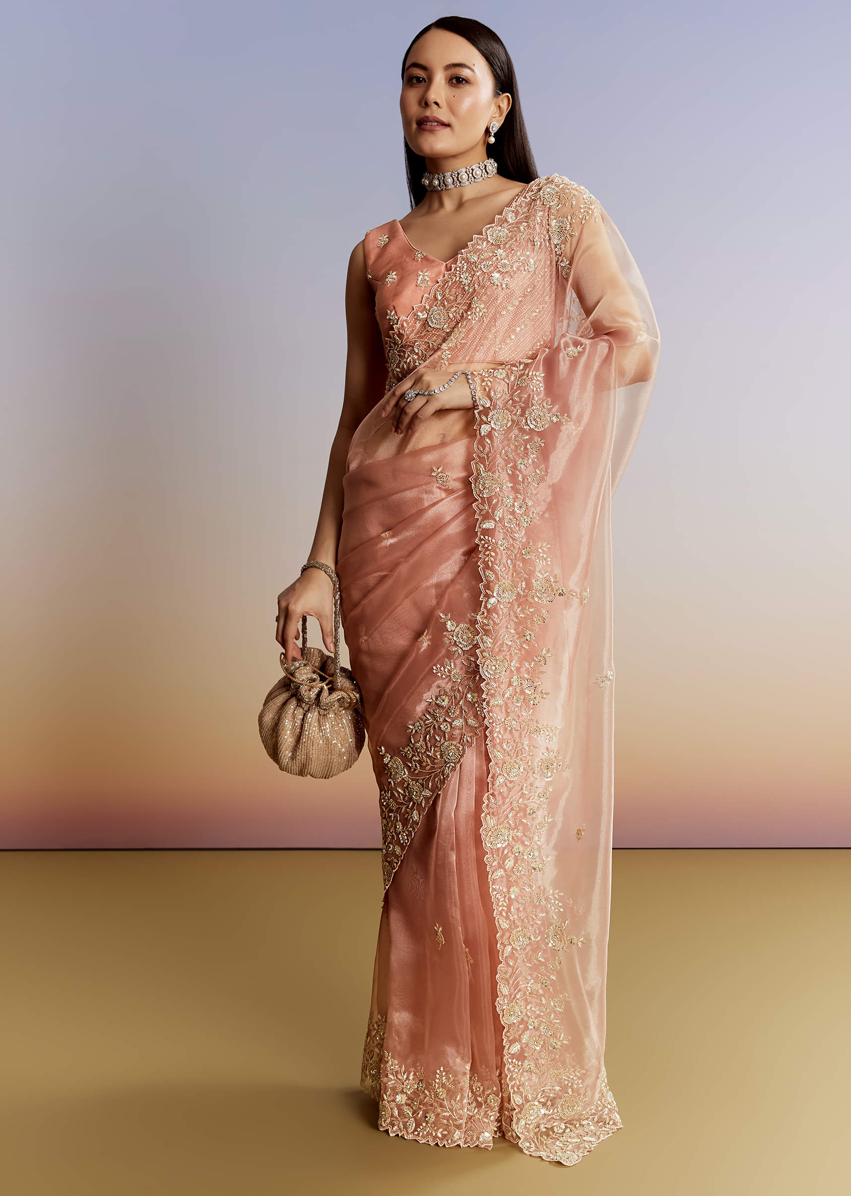 Indian Peach Floral Moti Cutdana Tissue Saree (2-Piece) - Image 11