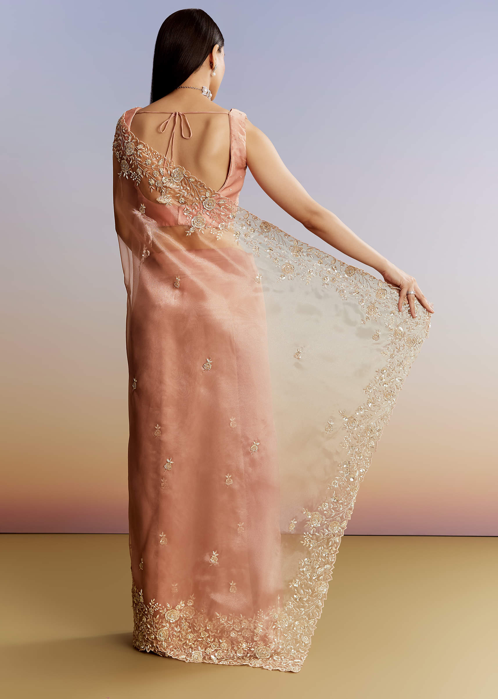 Indian Peach Floral Moti Cutdana Tissue Saree (2-Piece) - Image 2