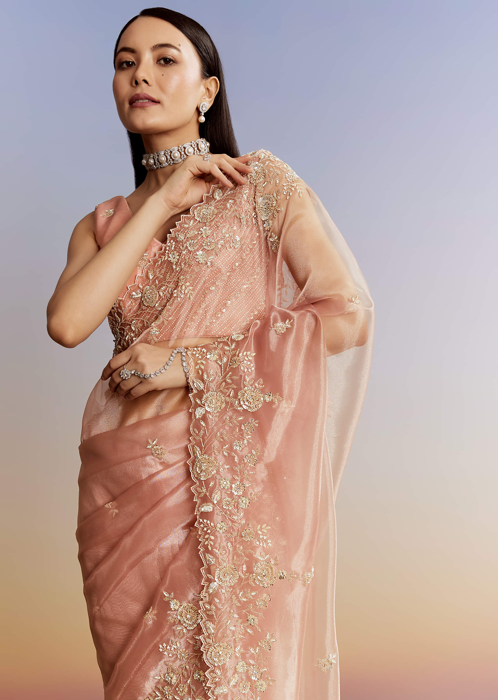 Indian Peach Floral Moti Cutdana Tissue Saree (2-Piece) - Image 3