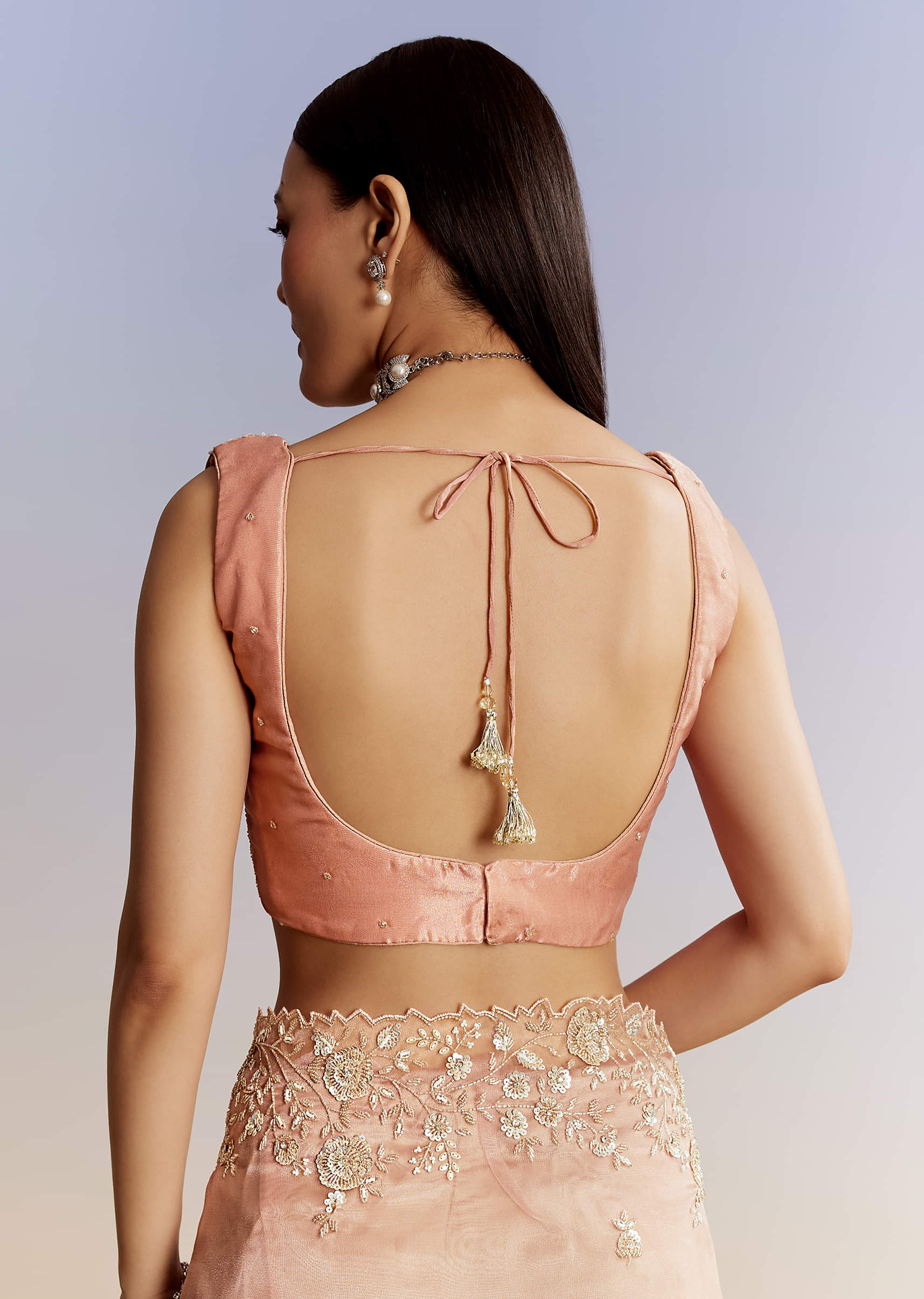 Indian Peach Floral Moti Cutdana Tissue Saree (2-Piece) - Image 6