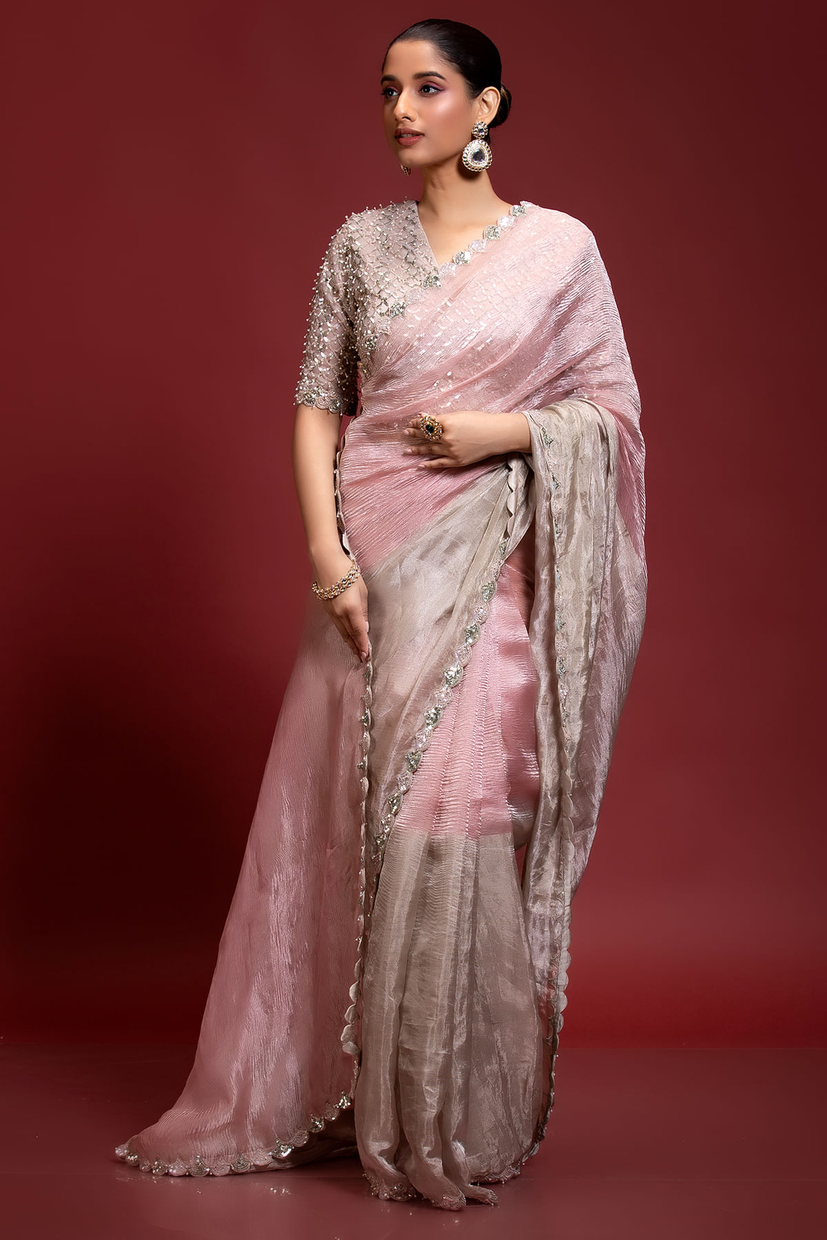 Indian Pink Gold Embroidered Tissue Organza Saree (2-Piece) - Image 1
