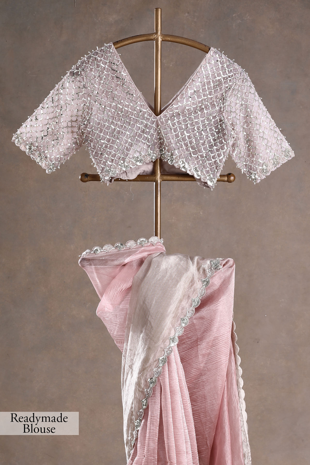 Indian Pink Gold Embroidered Tissue Organza Saree (2-Piece) - Image 10