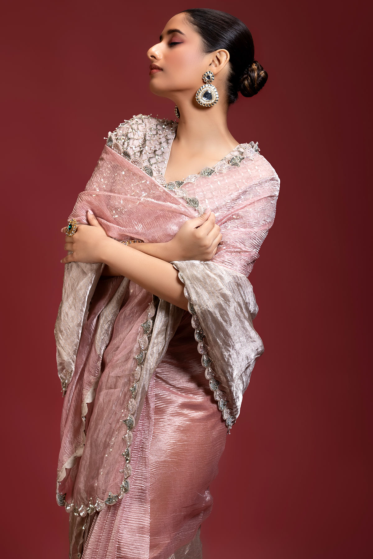 Indian Pink Gold Embroidered Tissue Organza Saree (2-Piece) - Image 2