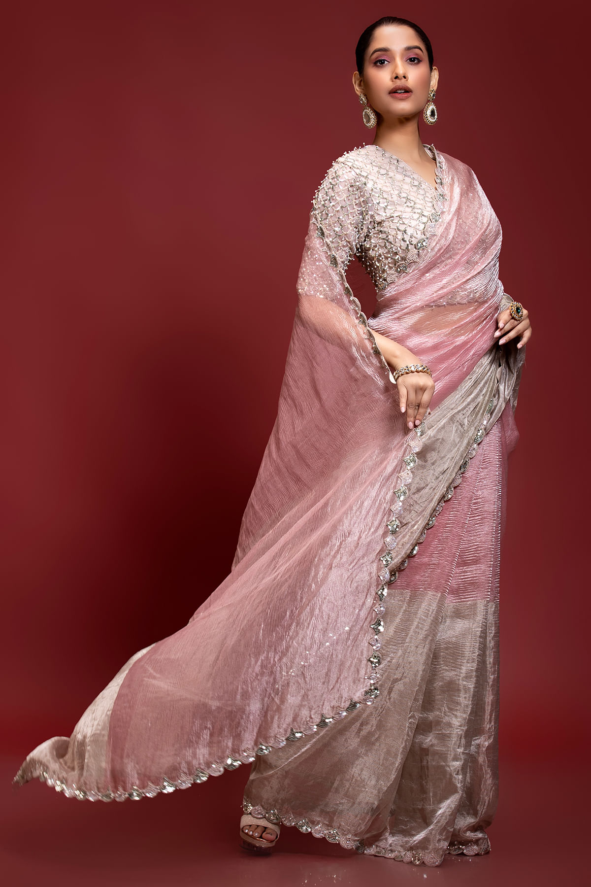 Indian Pink Gold Embroidered Tissue Organza Saree (2-Piece) - Image 3