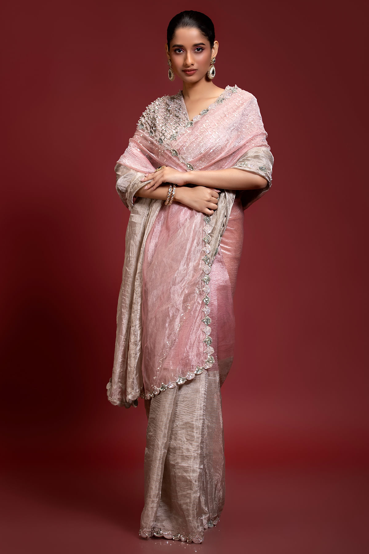 Indian Pink Gold Embroidered Tissue Organza Saree (2-Piece) - Image 4