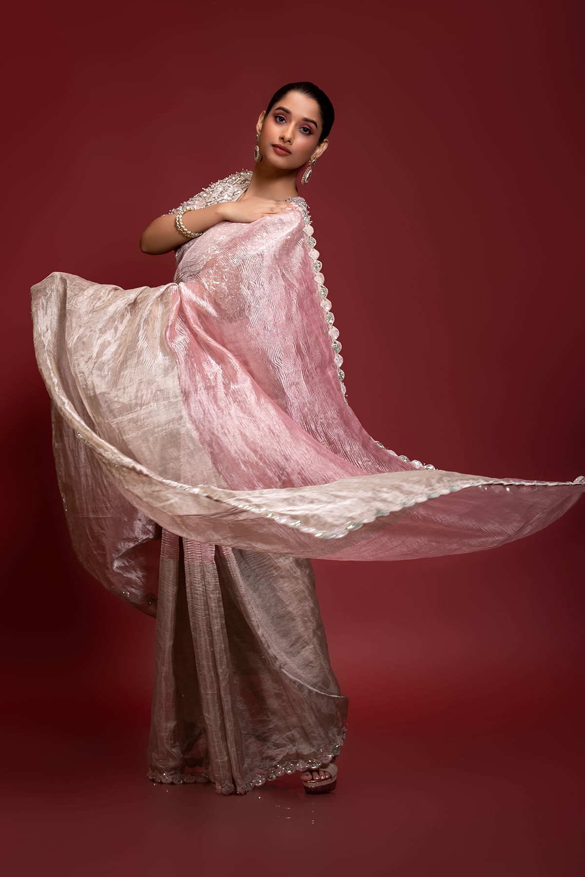 Indian Pink Gold Embroidered Tissue Organza Saree (2-Piece) - Image 5