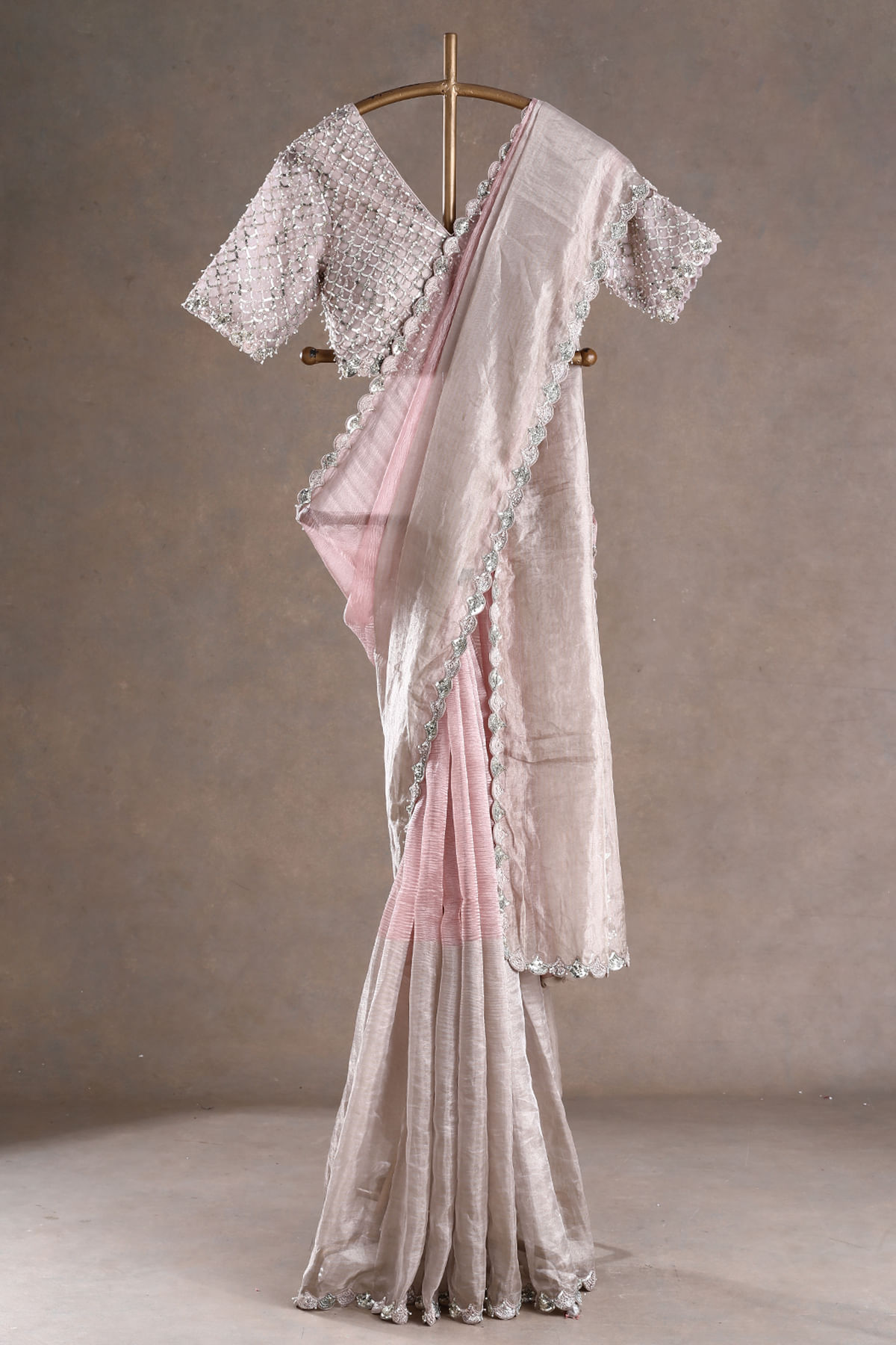 Indian Pink Gold Embroidered Tissue Organza Saree (2-Piece) - Image 6
