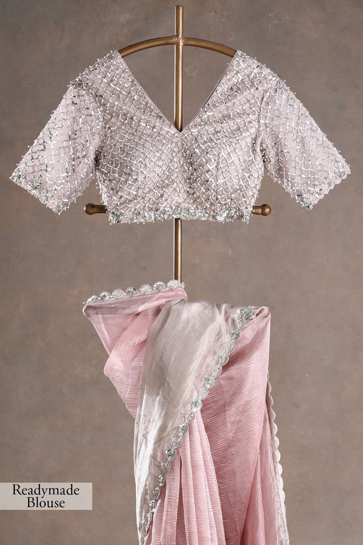 Indian Pink Gold Embroidered Tissue Organza Saree (2-Piece) - Image 9