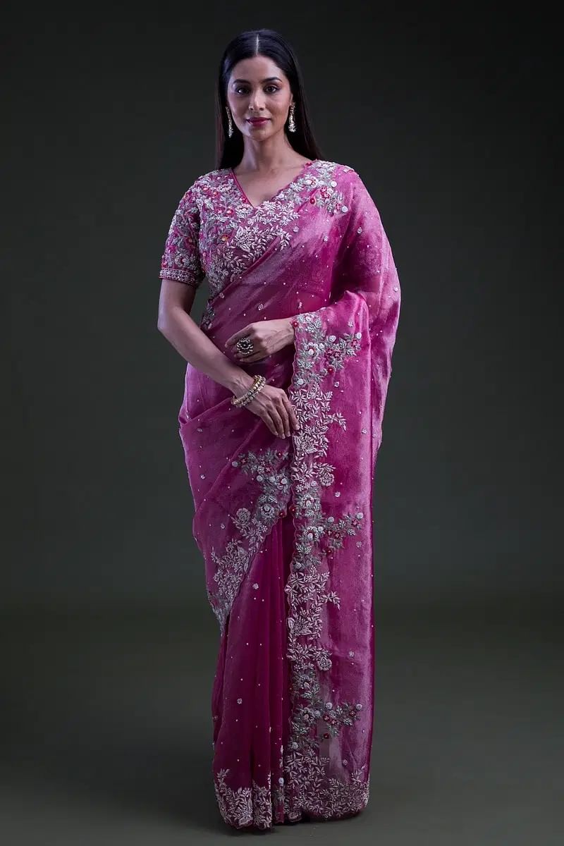 Indian Raspberry Pink Zardosi Tissue Organza Saree (2-Piece) - Image 1