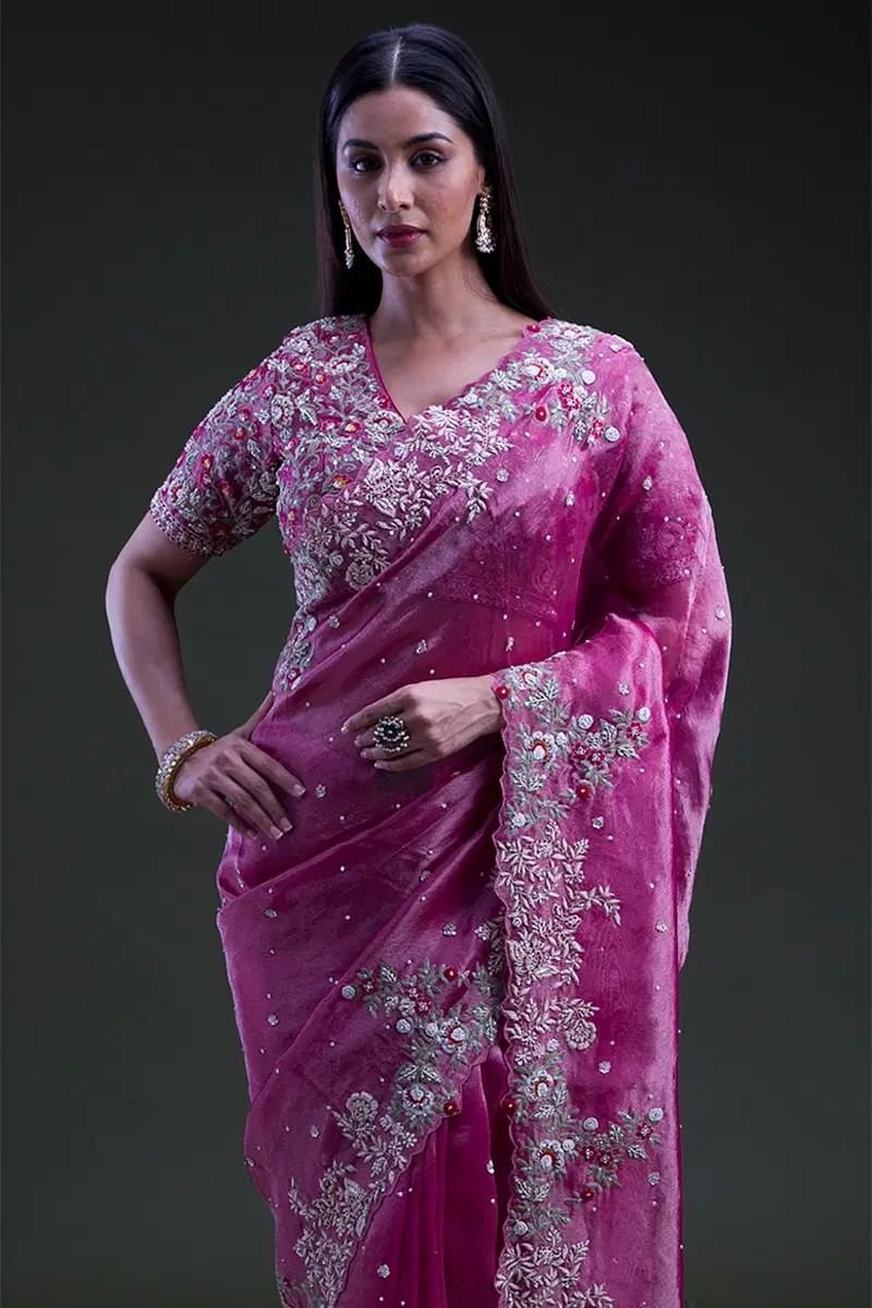 Indian Raspberry Pink Zardosi Tissue Organza Saree (2-Piece) - Image 2