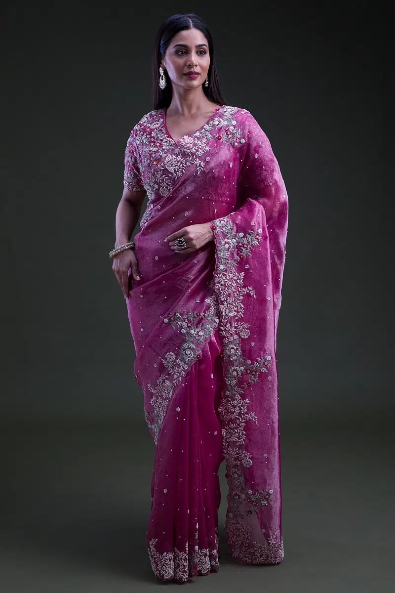 Indian Raspberry Pink Zardosi Tissue Organza Saree (2-Piece) - Image 3