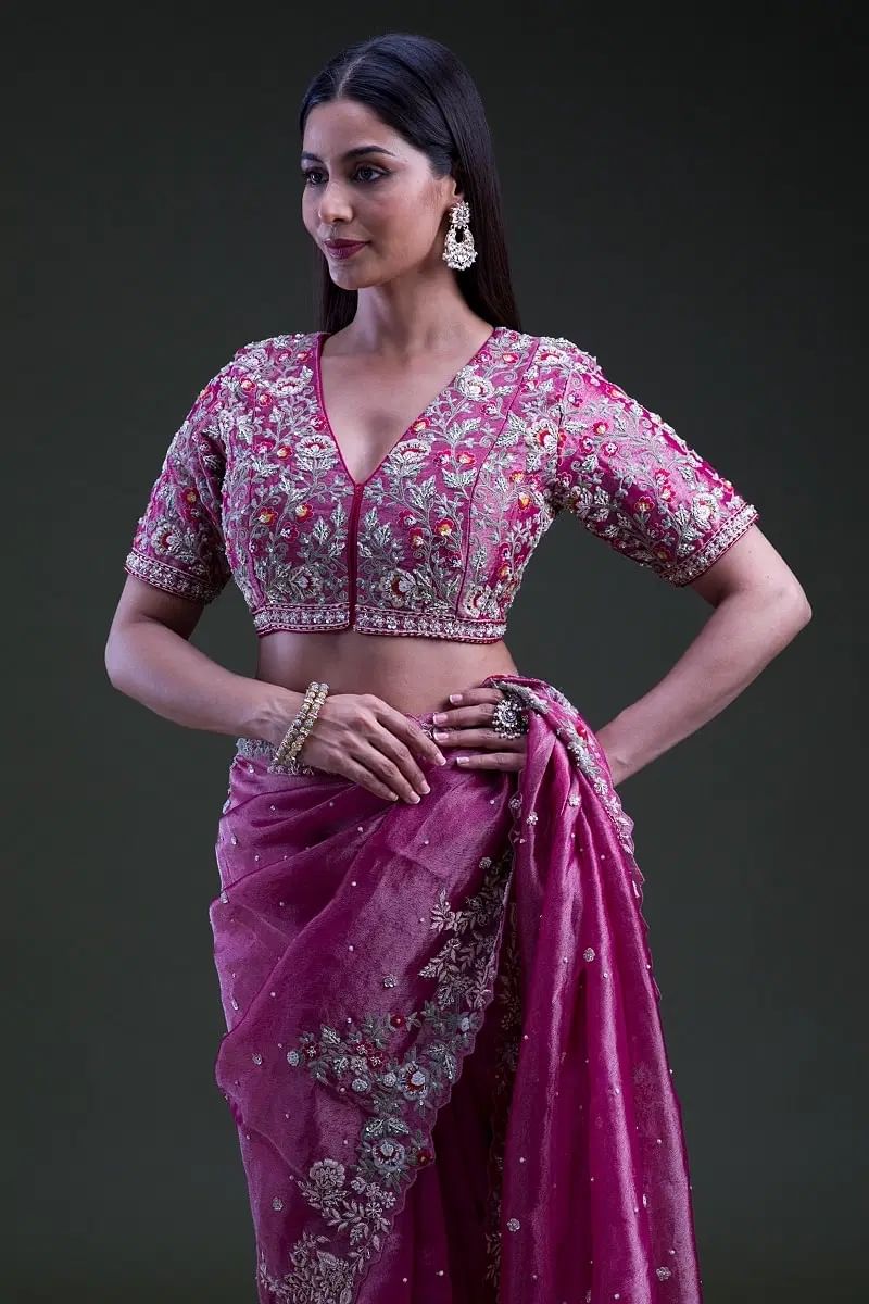 Indian Raspberry Pink Zardosi Tissue Organza Saree (2-Piece) - Image 4