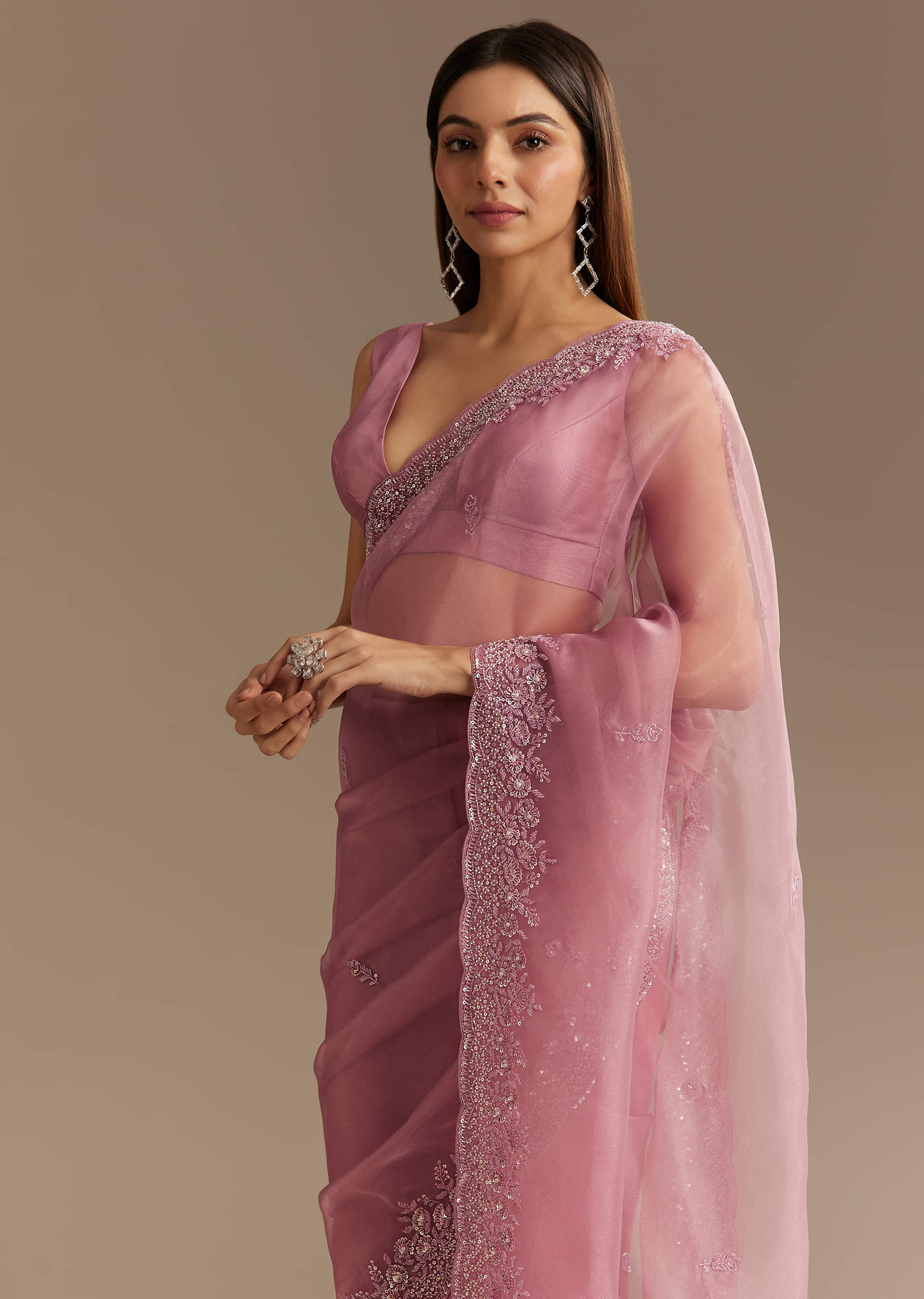 Pinkish Lavender Sequined Tissue Saree (2-Piece) - Image 1