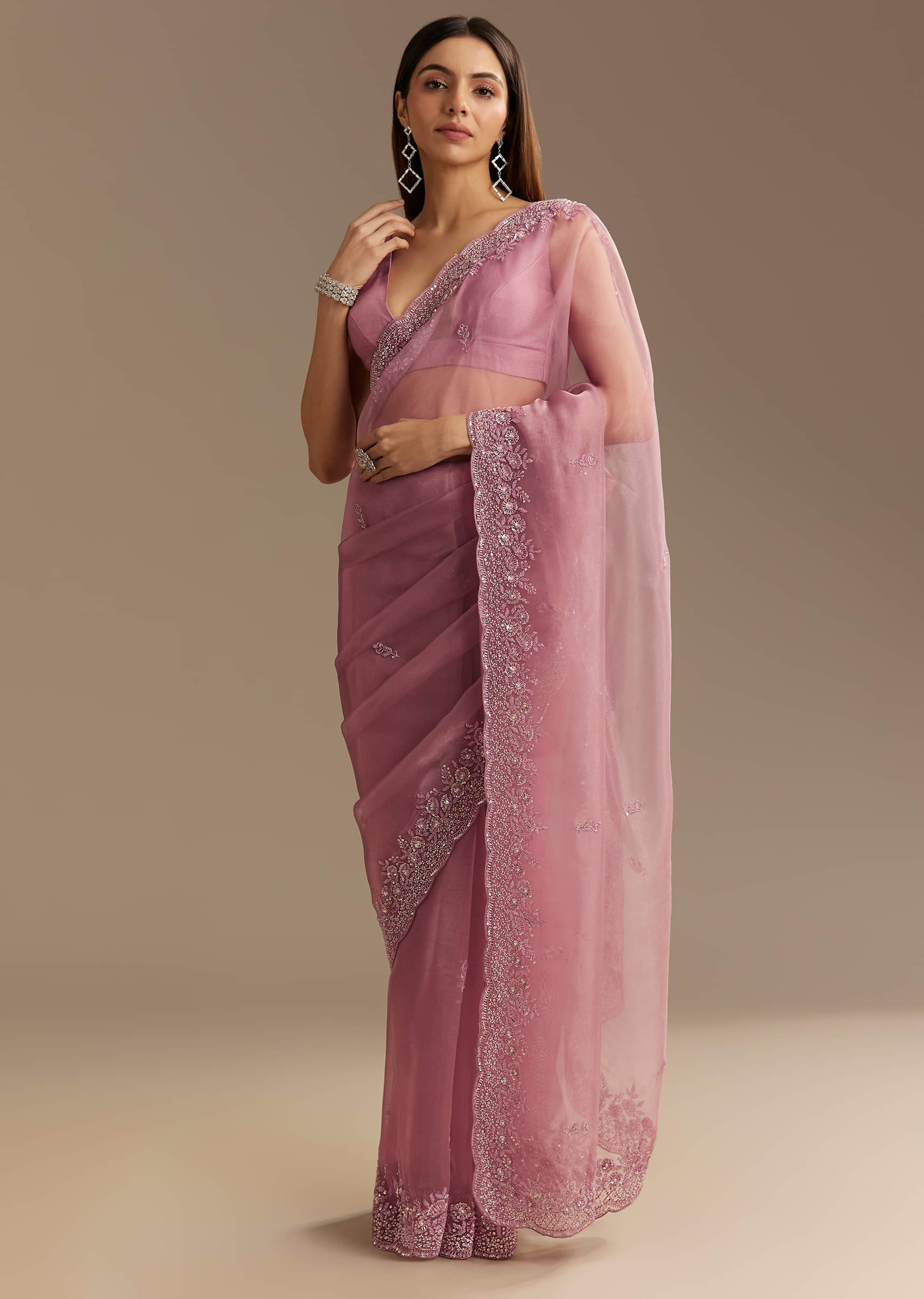 Pinkish Lavender Sequined Tissue Saree (2-Piece) - Image 10