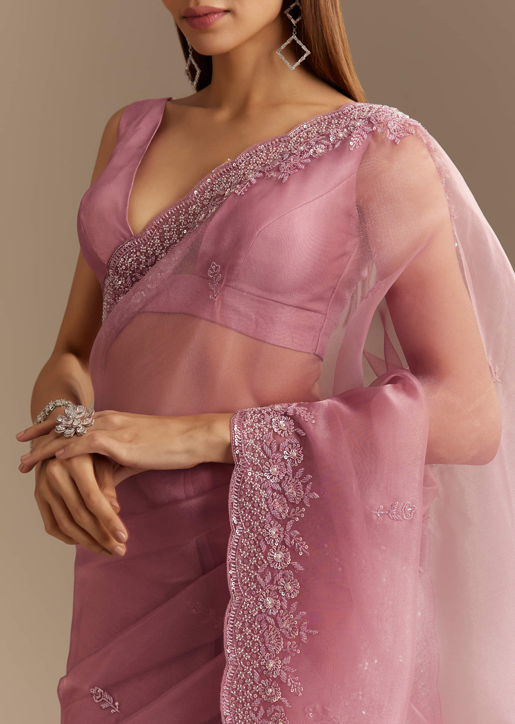 Pinkish Lavender Sequined Tissue Saree (2-Piece) - Image 11