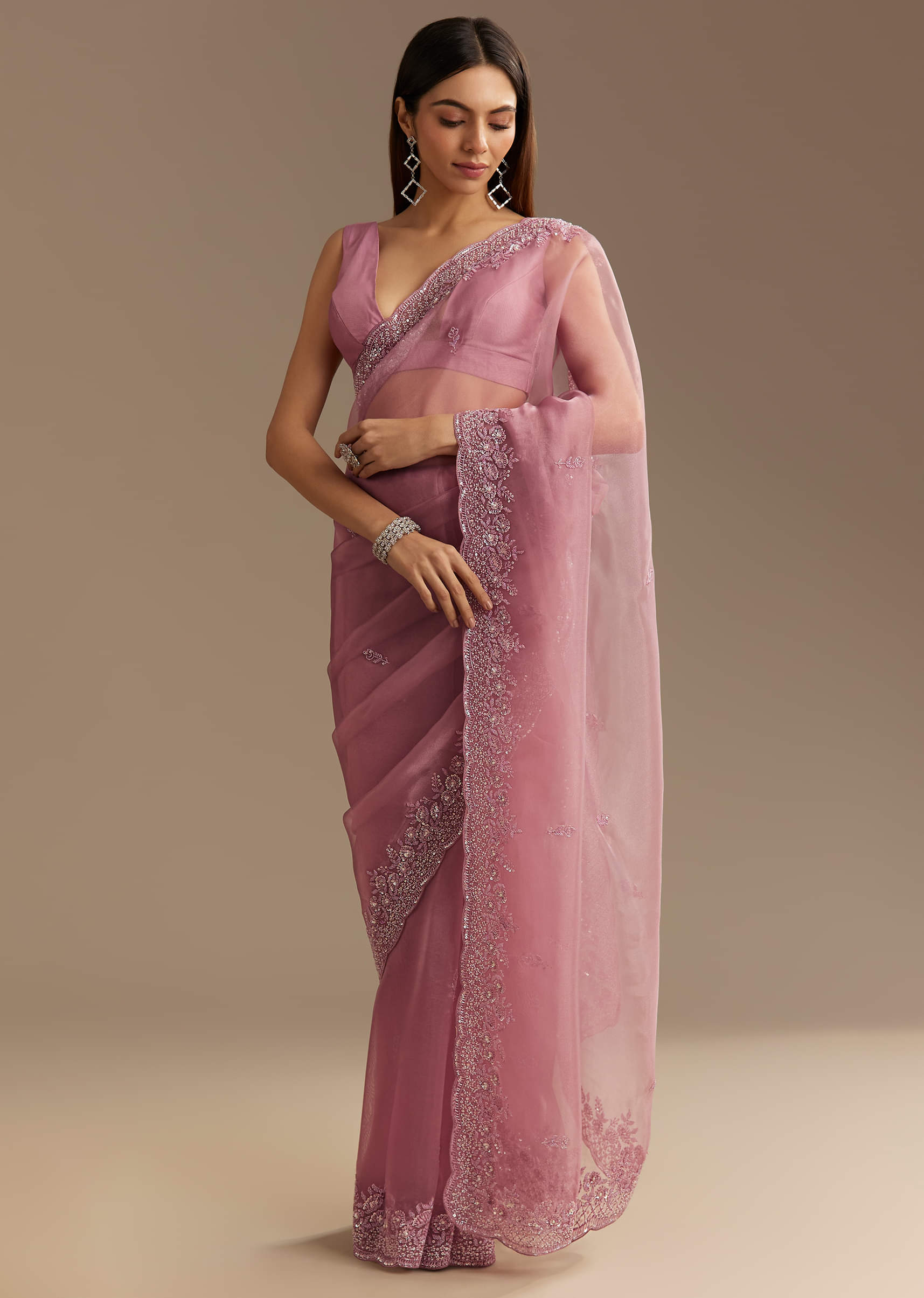 Pinkish Lavender Sequined Tissue Saree (2-Piece) - Image 2
