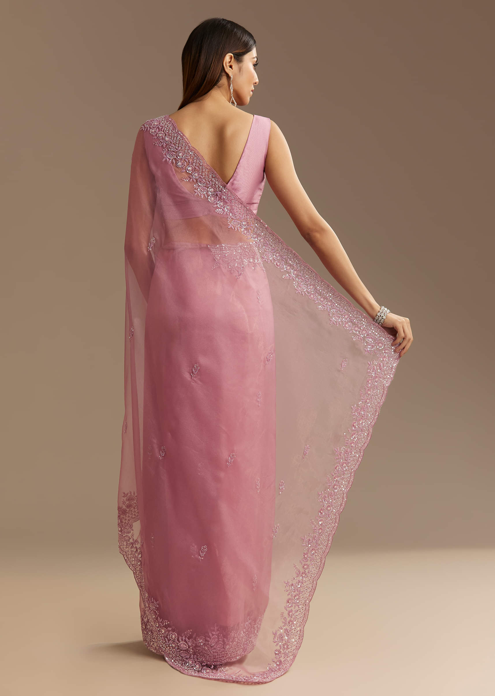 Pinkish Lavender Sequined Tissue Saree (2-Piece) - Image 3