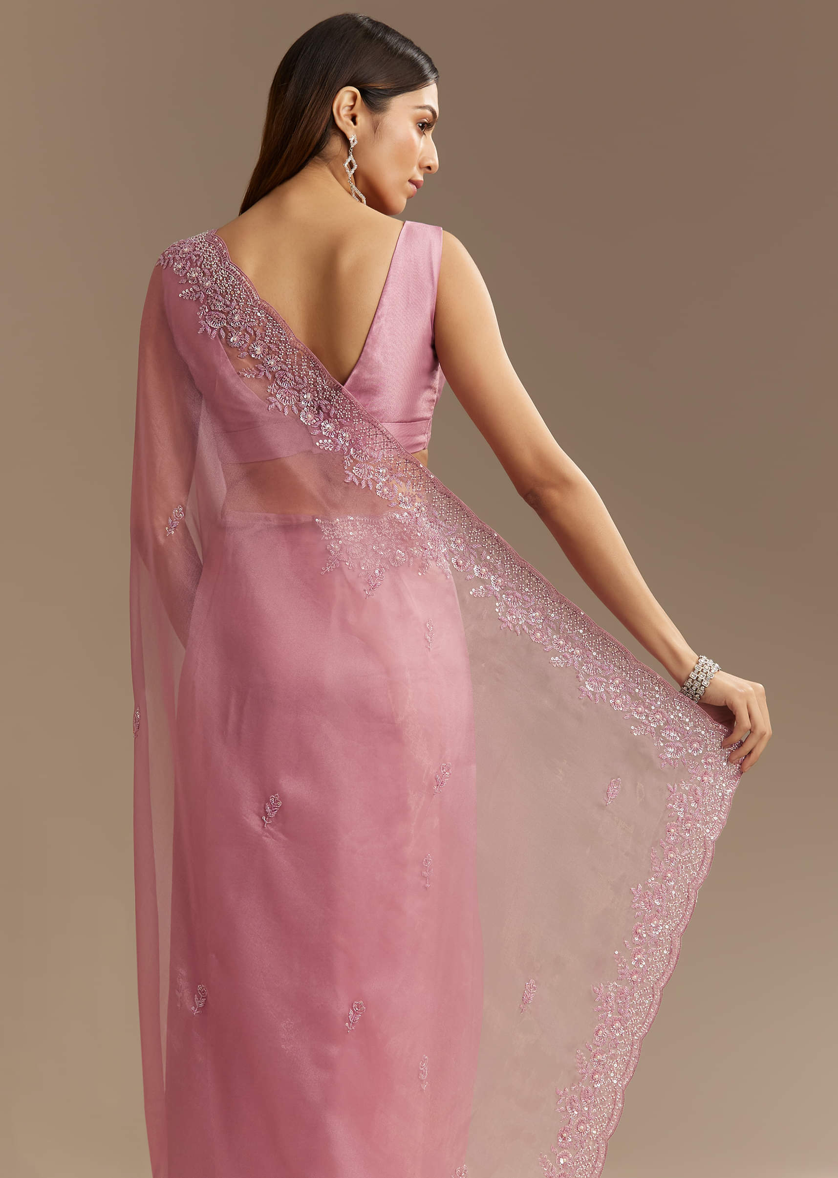 Pinkish Lavender Sequined Tissue Saree (2-Piece) - Image 4