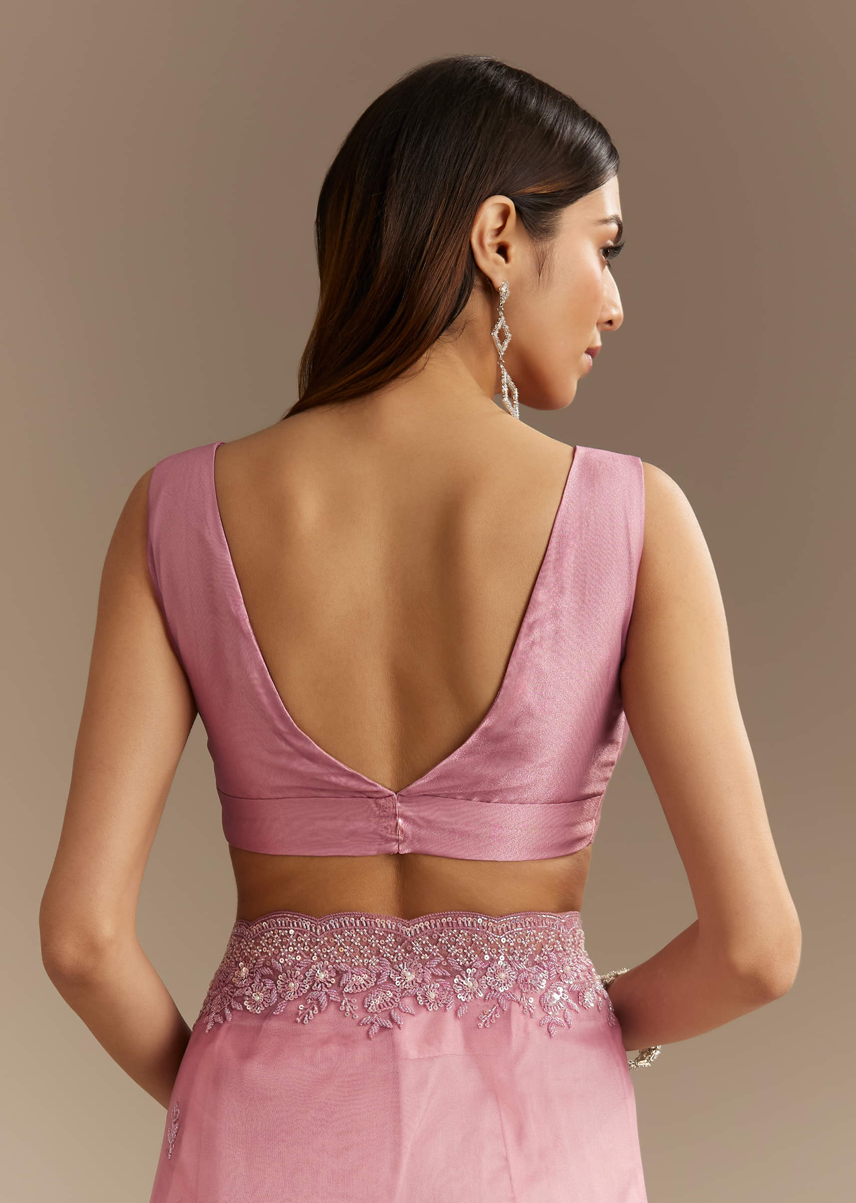 Pinkish Lavender Sequined Tissue Saree (2-Piece) - Image 6