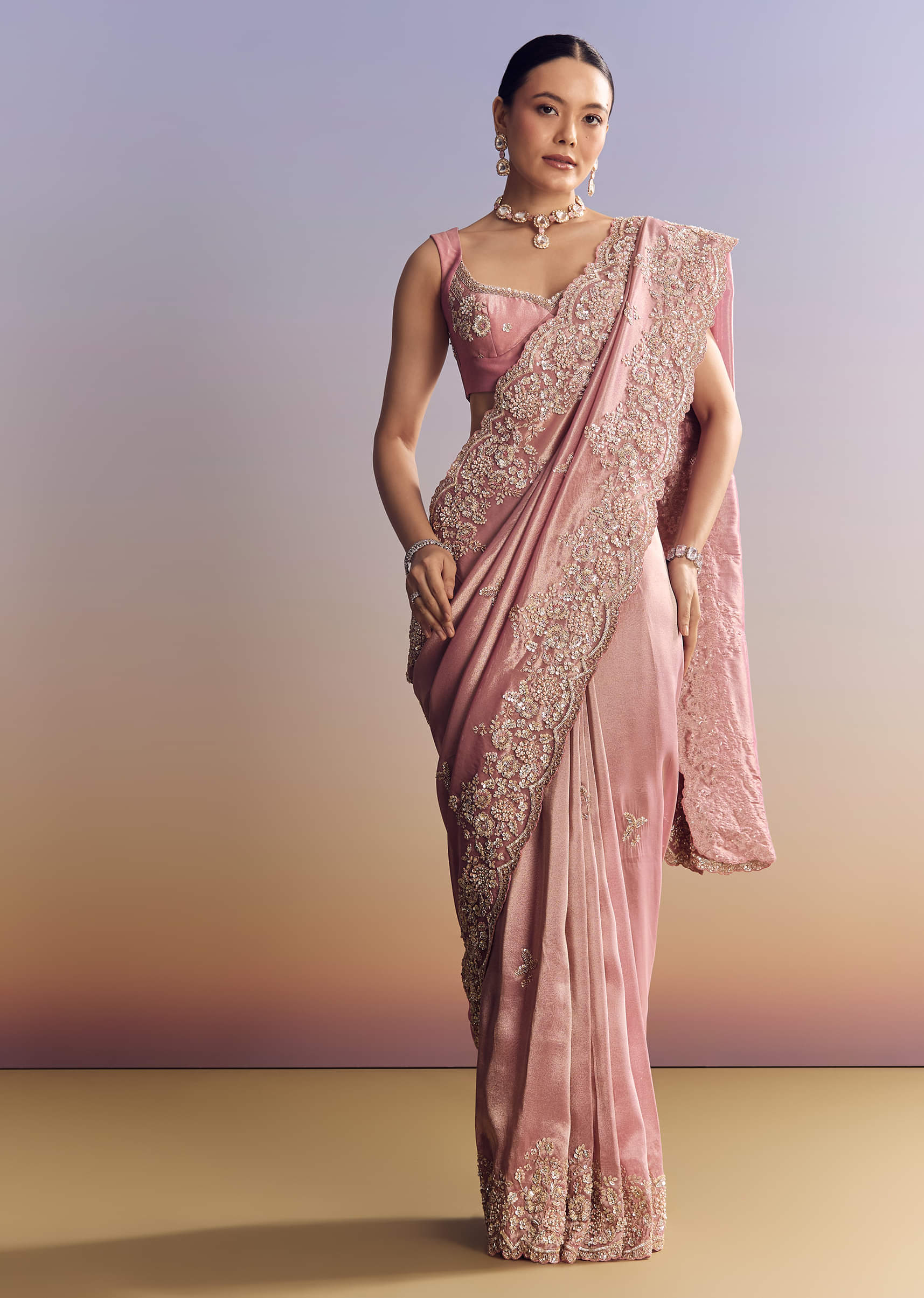 Blush Pink Embroidered Tissue Silk Saree (2-Piece) - Image 10