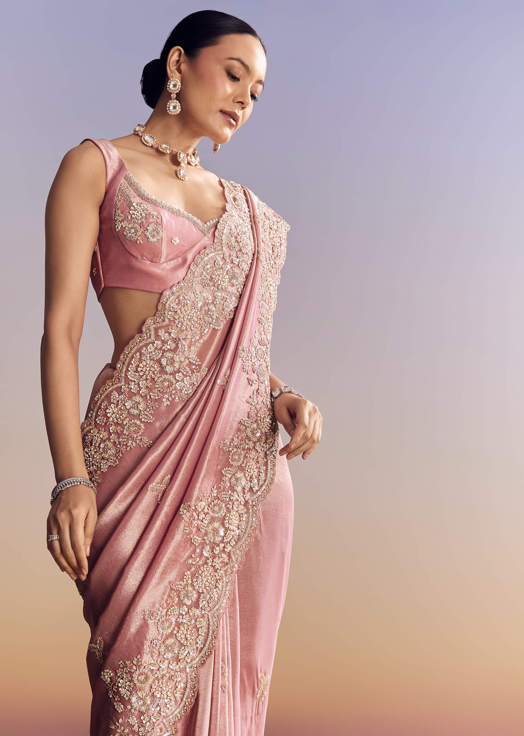 Blush Pink Embroidered Tissue Silk Saree (2-Piece) - Image 4
