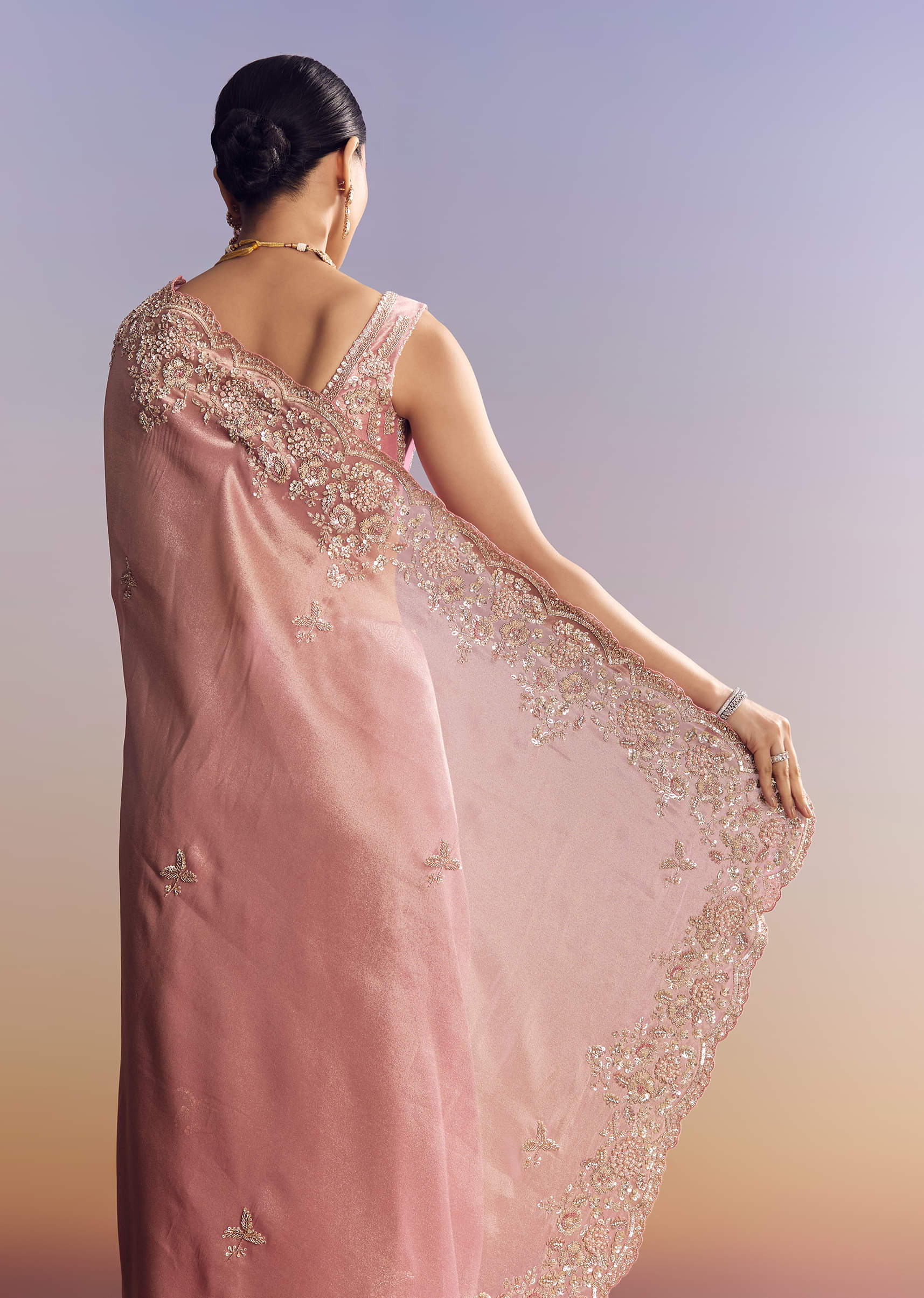 Blush Pink Embroidered Tissue Silk Saree (2-Piece) - Image 5