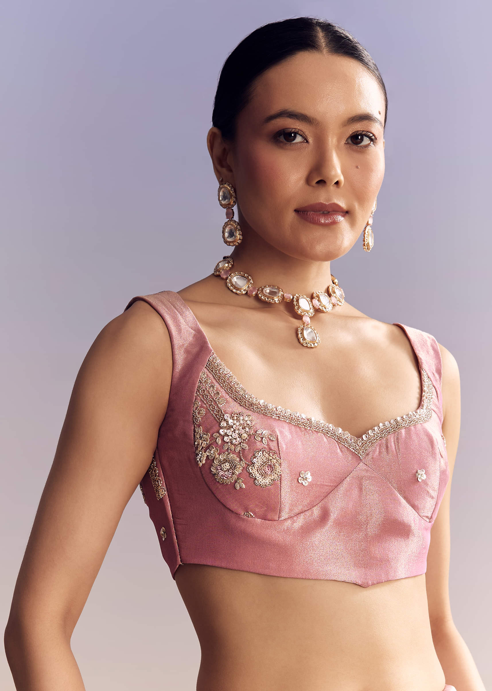 Blush Pink Embroidered Tissue Silk Saree (2-Piece) - Image 6