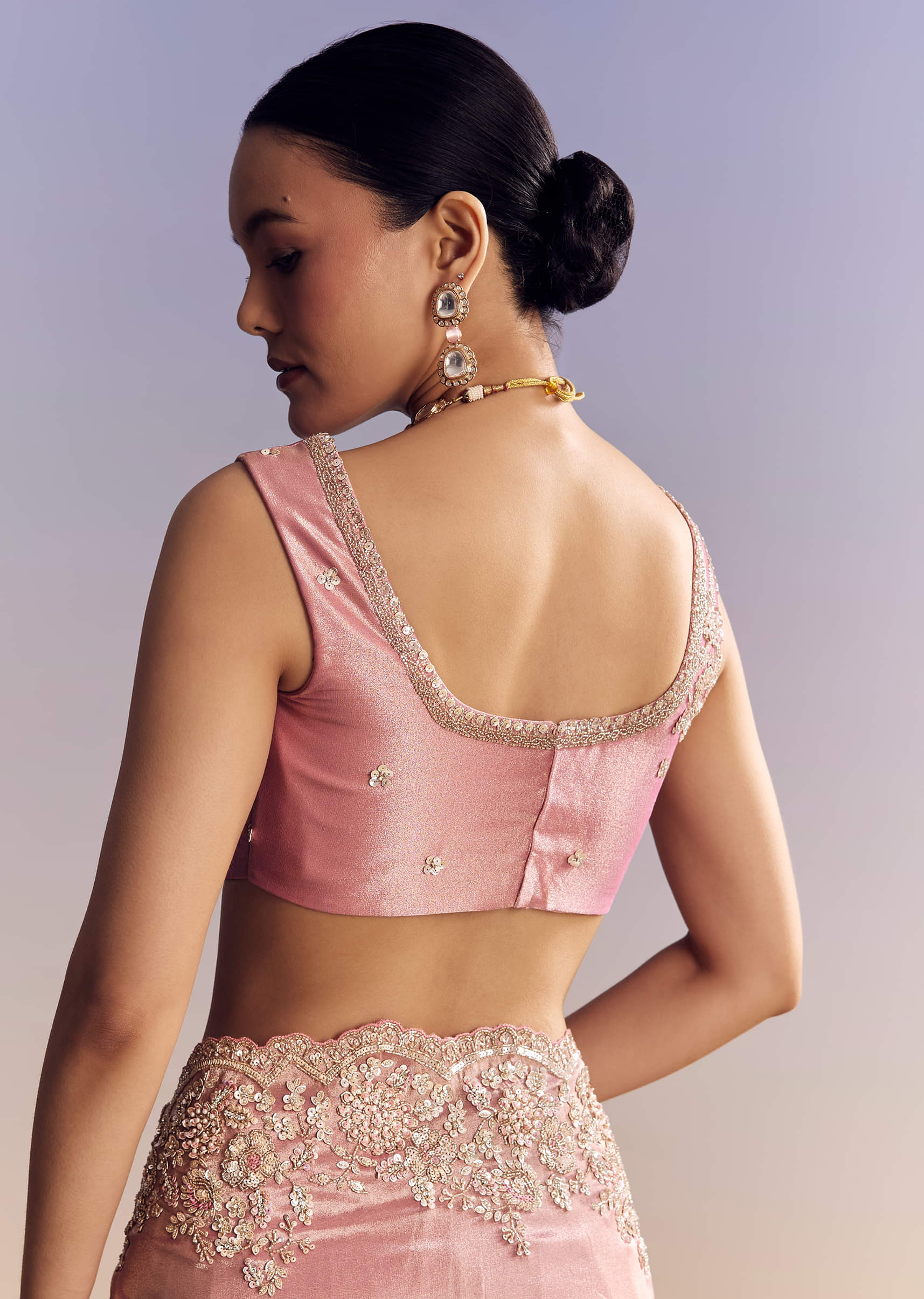 Blush Pink Embroidered Tissue Silk Saree (2-Piece) - Image 7