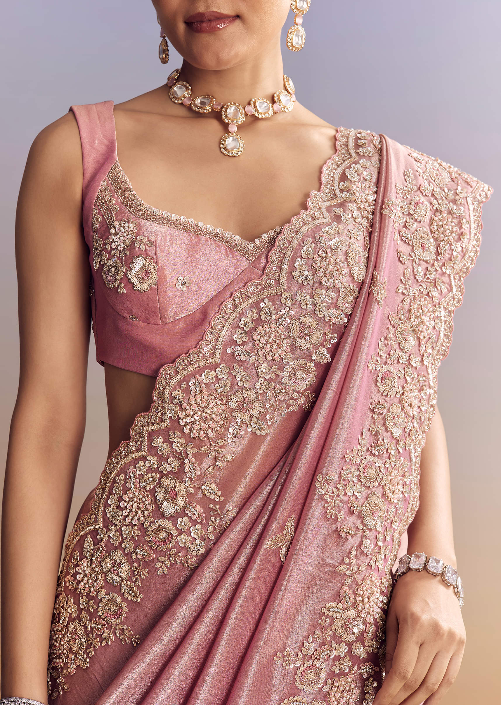 Blush Pink Embroidered Tissue Silk Saree (2-Piece) - Image 9