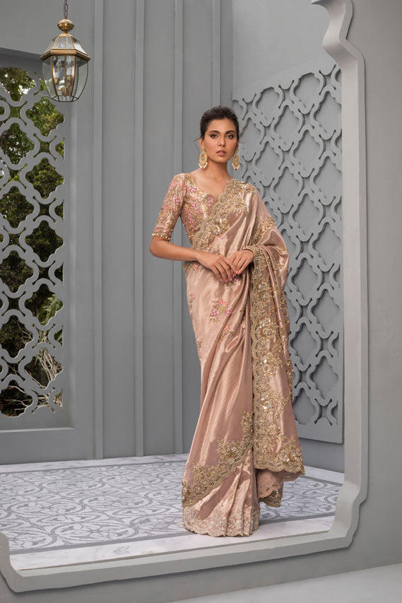 Pakistani Soft Pink Zardozi Tissue Silk Saree (2-Piece) - Image 1