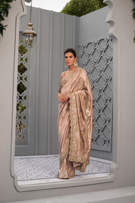 Pakistani Soft Pink Zardozi Tissue Silk Saree (2-Piece) - Image 2