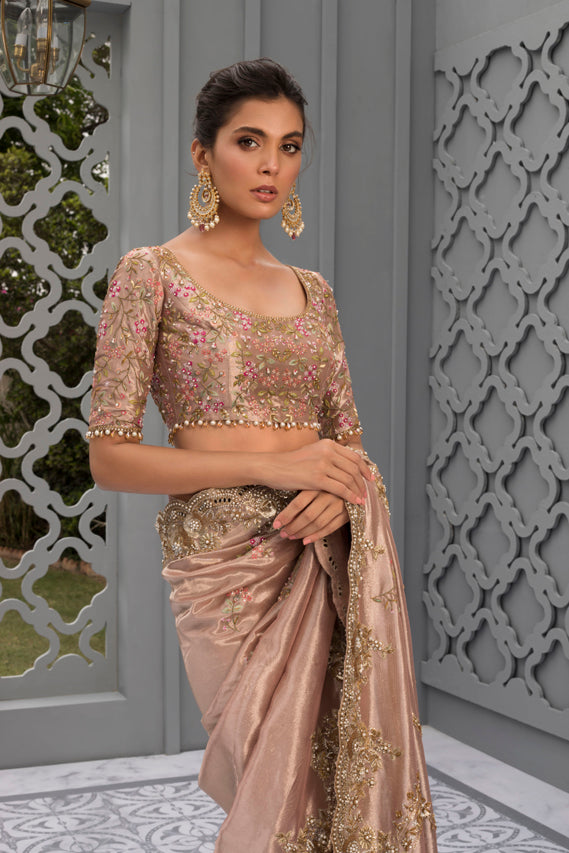 Pakistani Soft Pink Zardozi Tissue Silk Saree (2-Piece) - Image 3