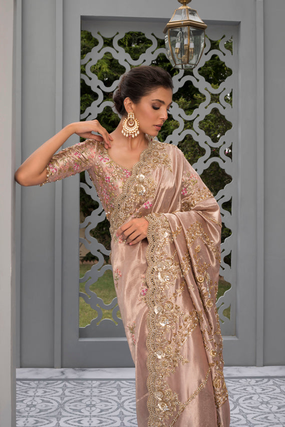 Pakistani Soft Pink Zardozi Tissue Silk Saree (2-Piece) - Image 4