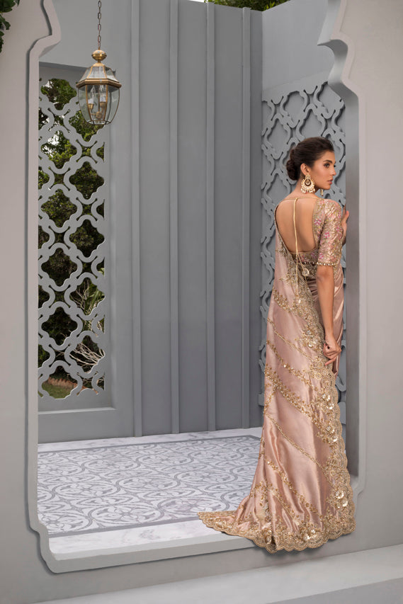 Pakistani Soft Pink Zardozi Tissue Silk Saree (2-Piece) - Image 5