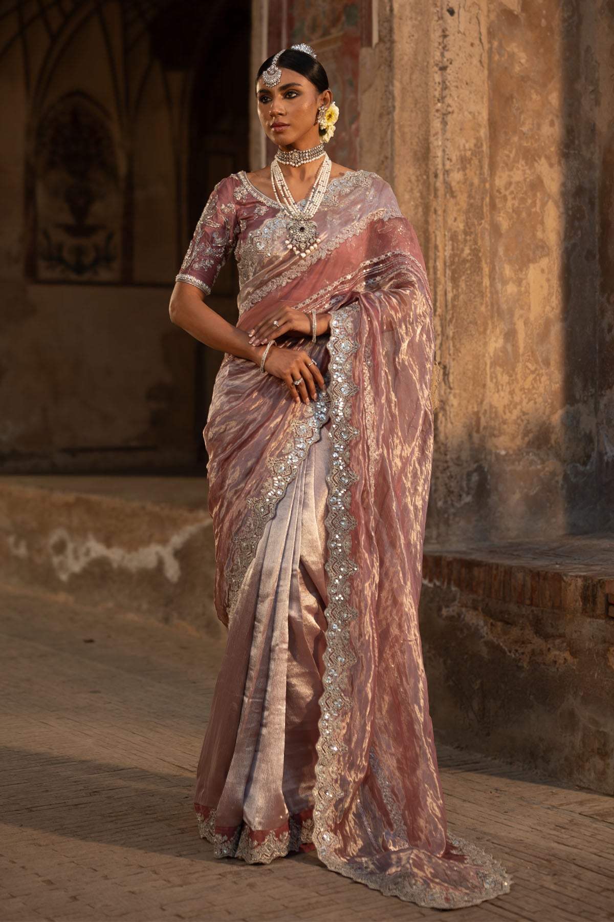 Rose Pink Silver Tilla Tissue Saree (2-Piece) - Image 1