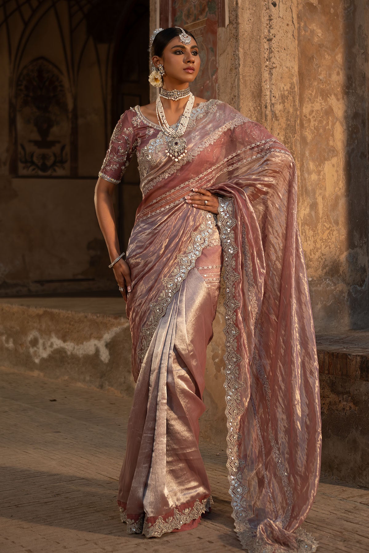 Rose Pink Silver Tilla Tissue Saree (2-Piece) - Image 2