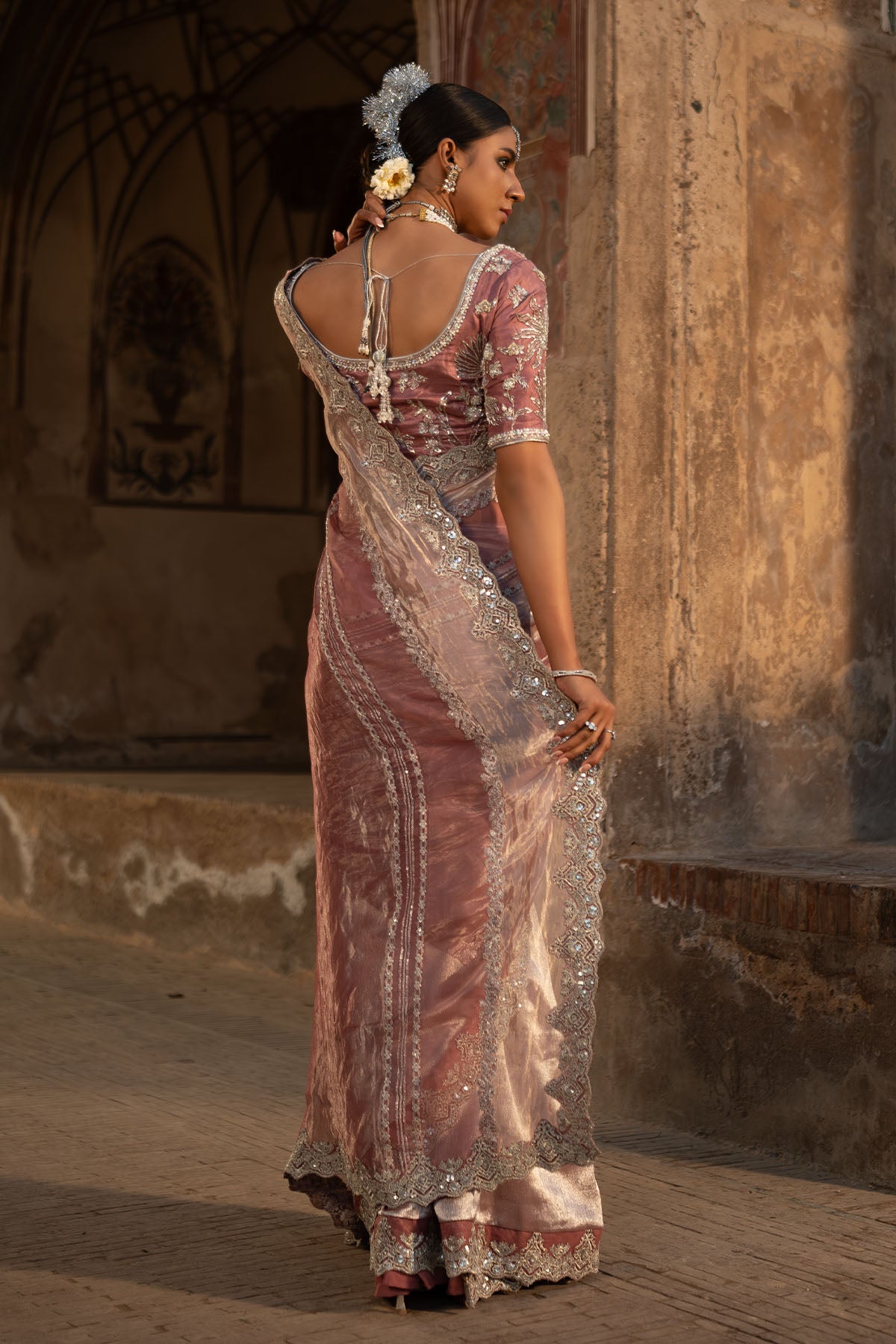 Rose Pink Silver Tilla Tissue Saree (2-Piece) - Image 3