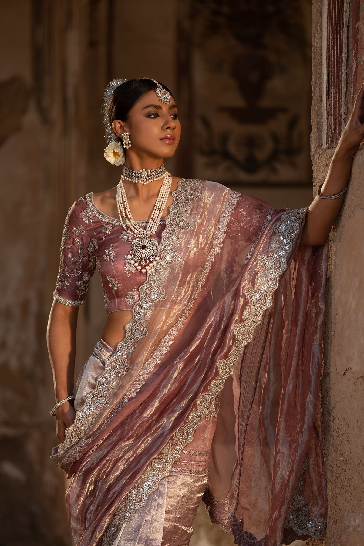 Rose Pink Silver Tilla Tissue Saree (2-Piece) - Image 5
