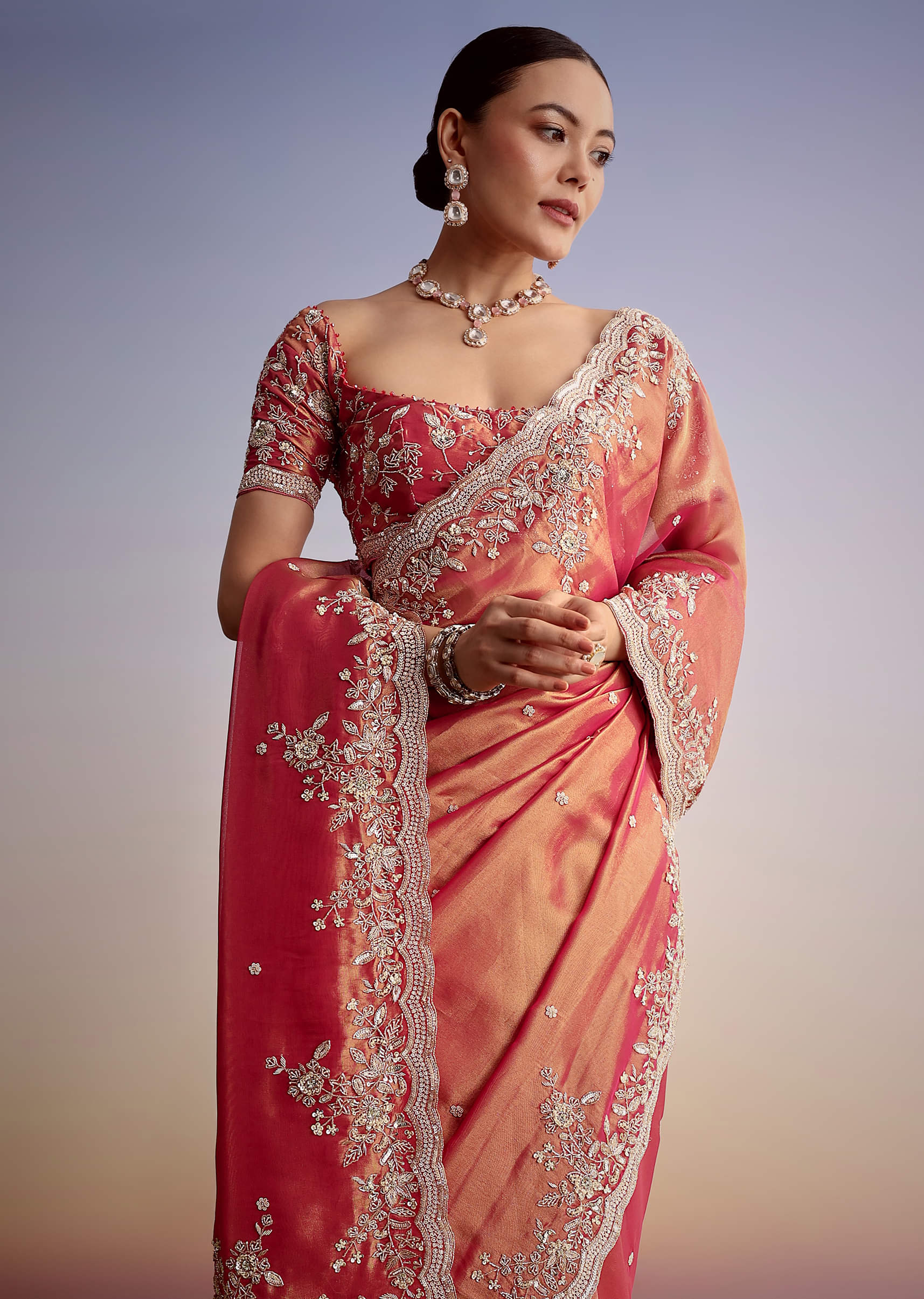 Indian Rust Pink Zardozi Tissue Saree (2-Piece) - Image 1