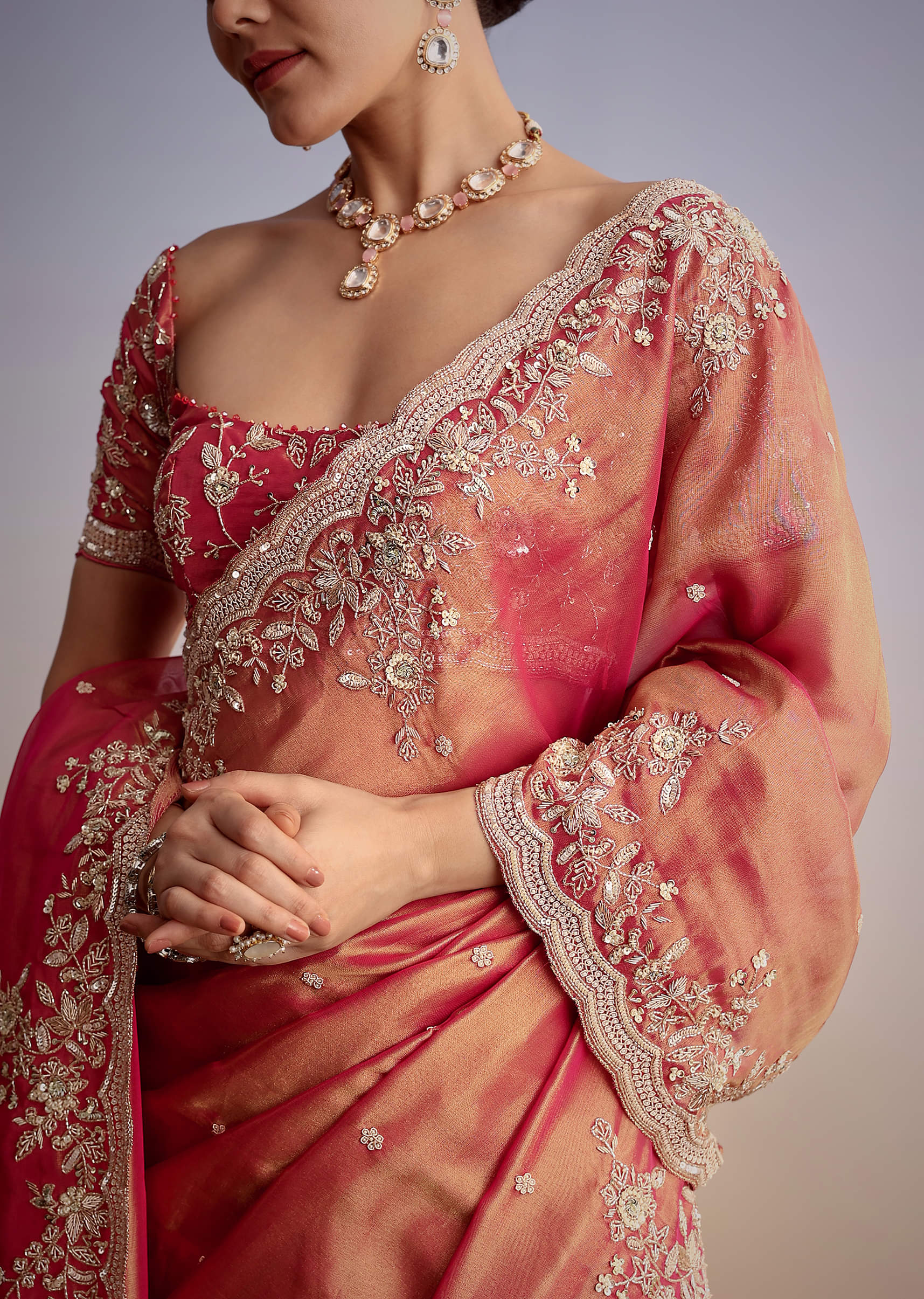 Indian Rust Pink Zardozi Tissue Saree (2-Piece) - Image 2